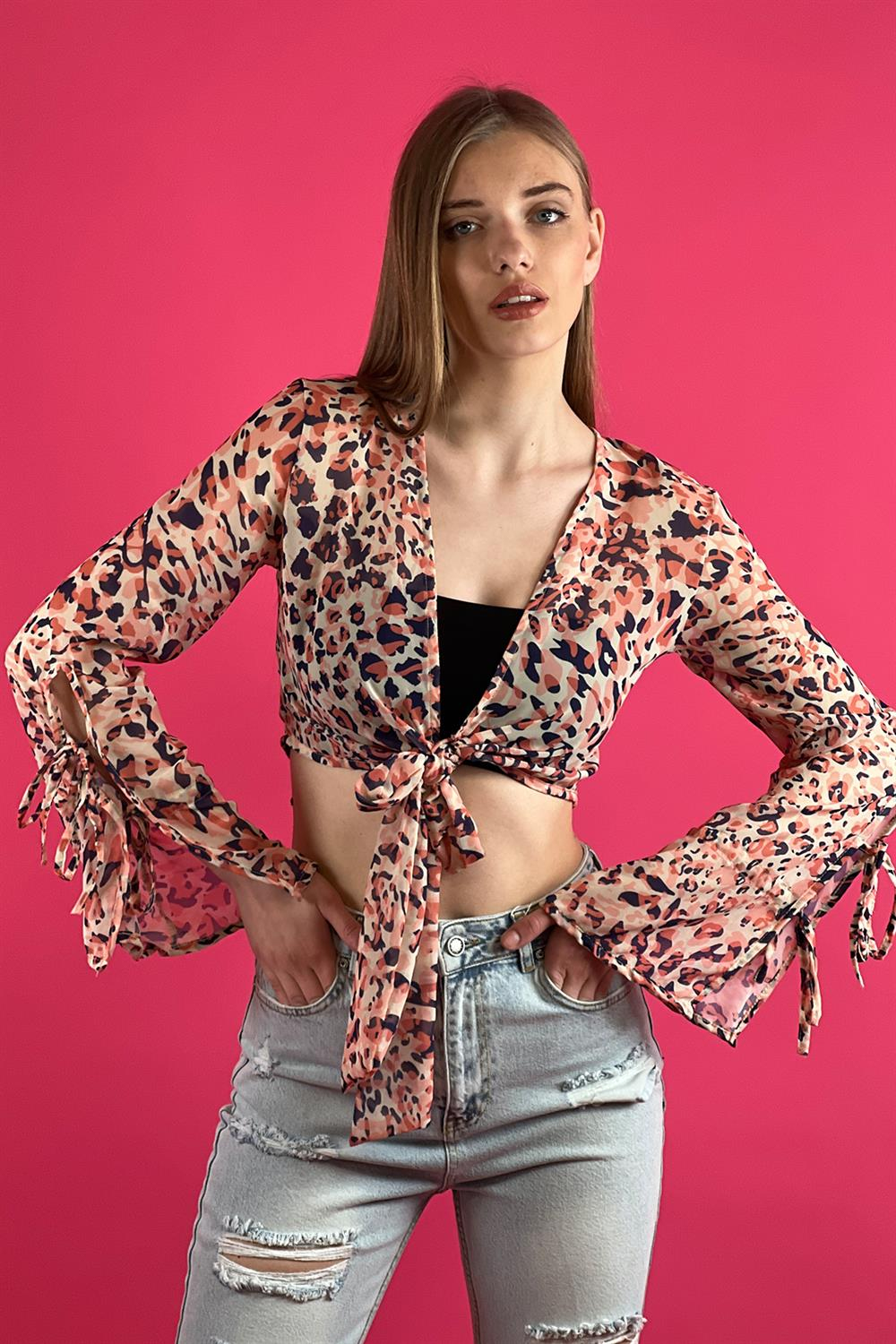 Bağcıklı İspanyol Uzun Kol Belden Bağcıklı Bolero Crop Bluz-29717-00