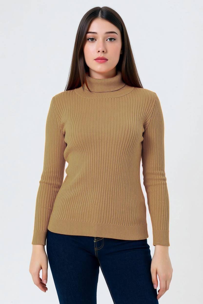 Balıkçı Yaka Fitilli Kadın Camel Triko Kazak-32808