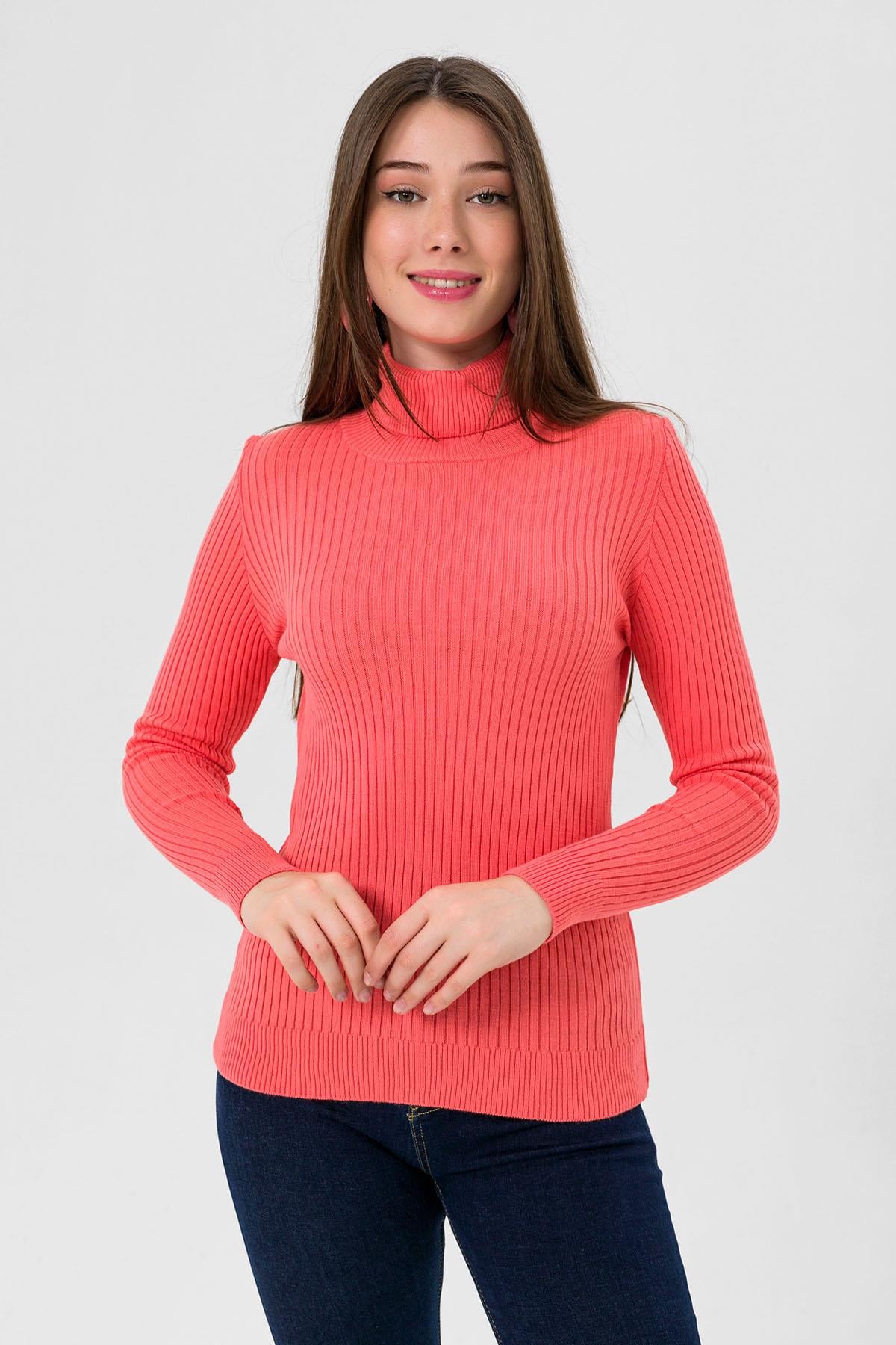 Balıkçı Yaka Fitilli Kadın Mercan Triko Kazak-32808