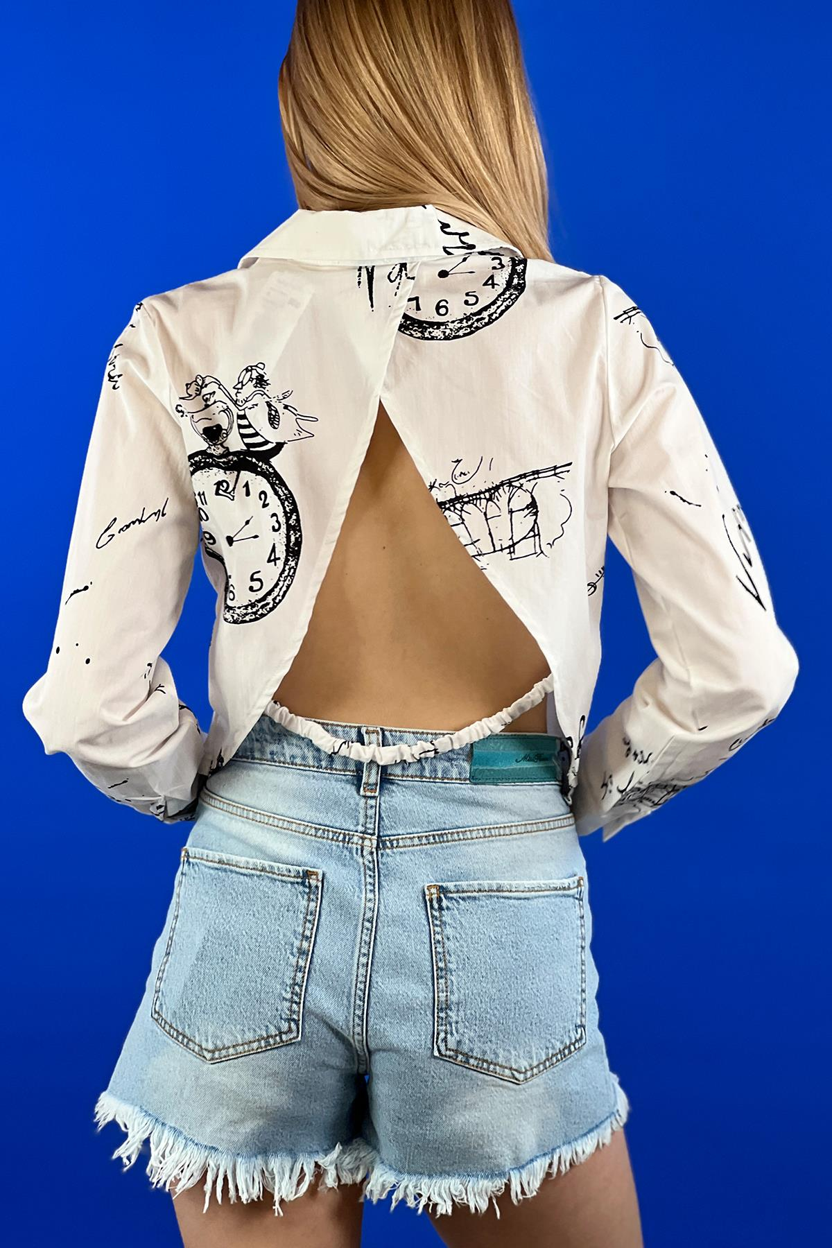 Beyaz Baskılı Sırt Dekolteli Crop Kesim Yazlık Keten Bluz Gömlek-27174-00