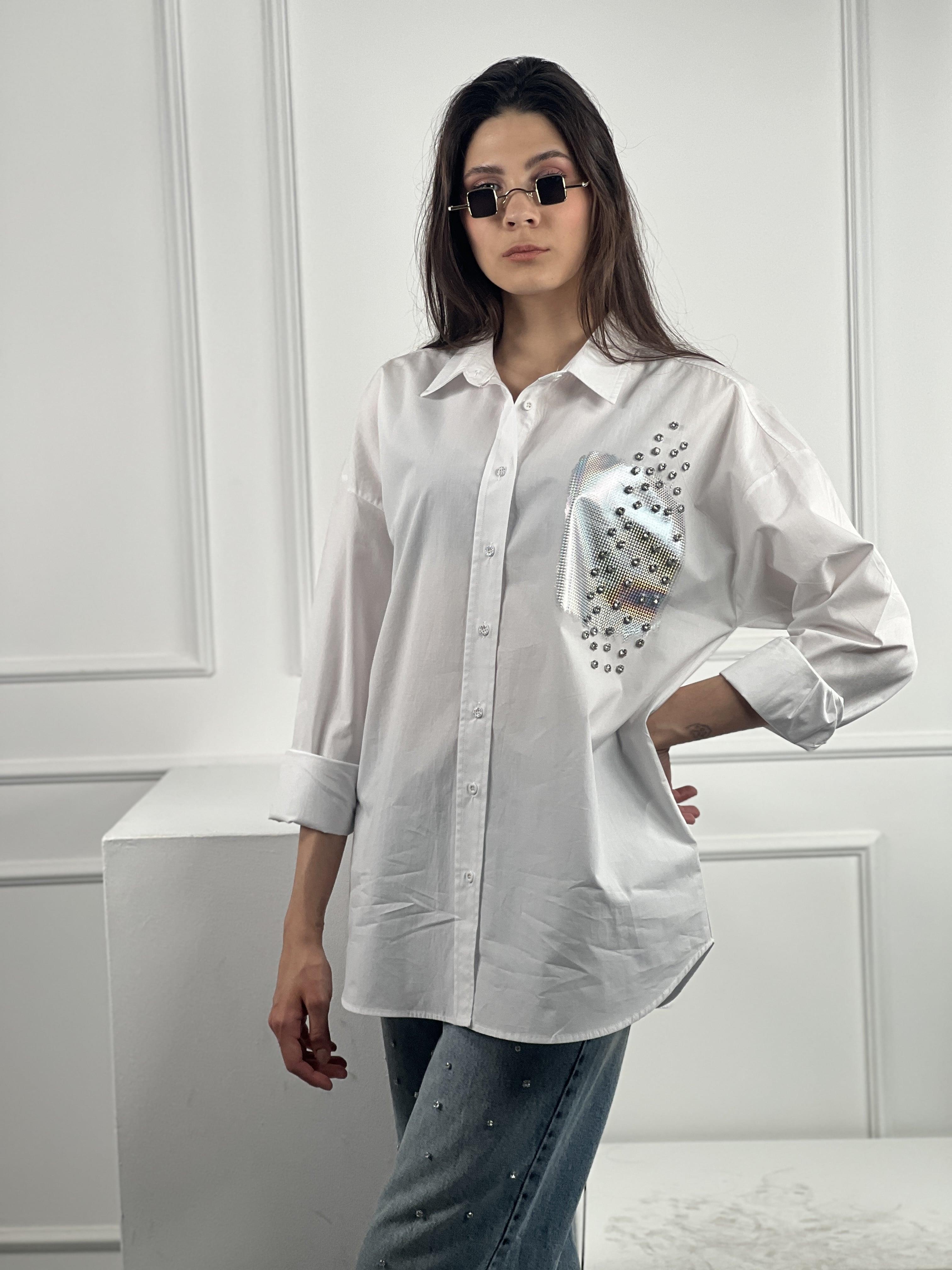 Beyaz Dökümlü Uzun Kollu Varak Baskı Ve Taş Çakım Detaylı Gömlek % 100 Cotton 27316-3-27316-3