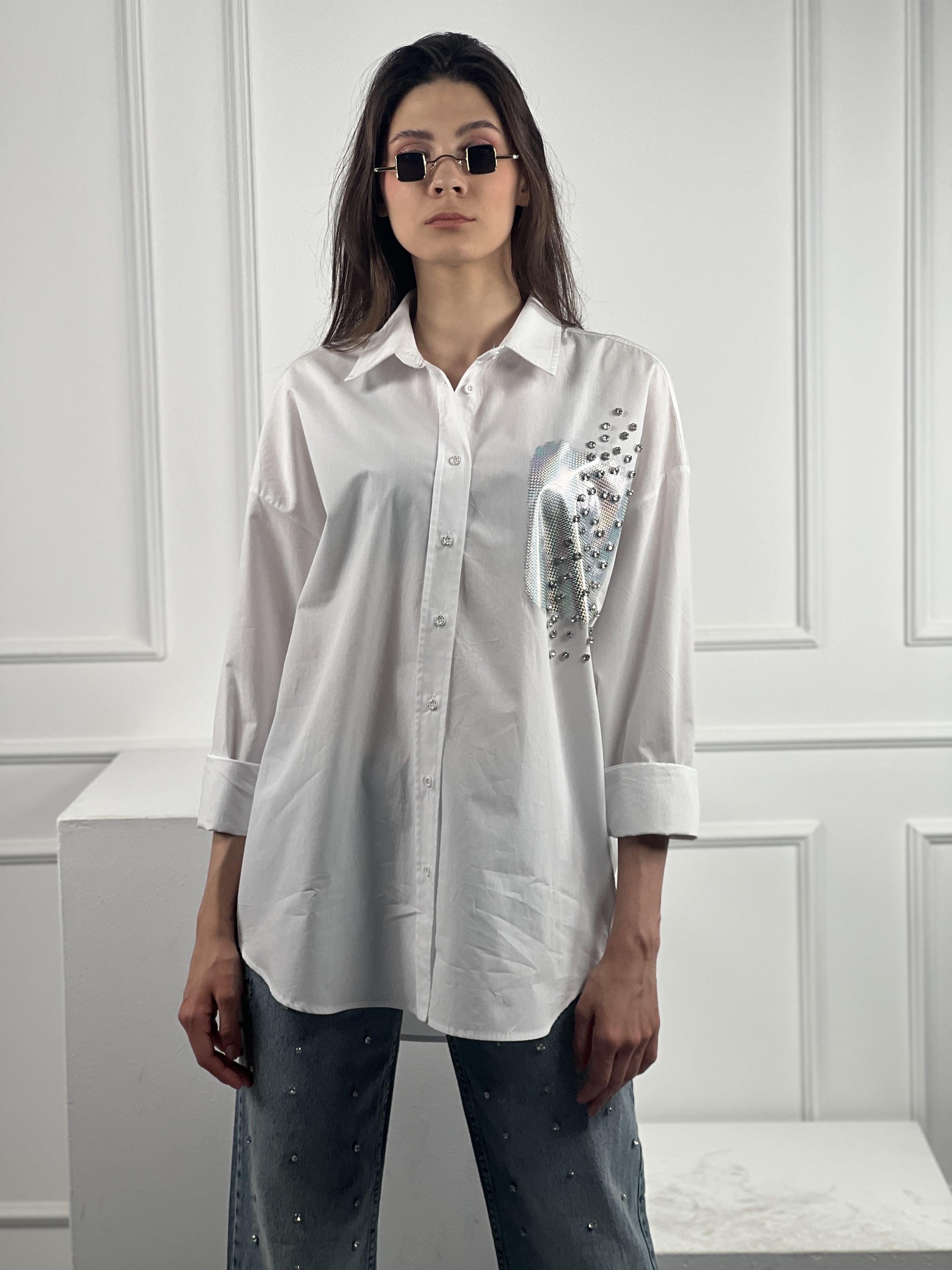 Beyaz Dökümlü Uzun Kollu Varak Baskı Ve Taş Çakım Detaylı Gömlek % 100 Cotton 27316-3-27316-3