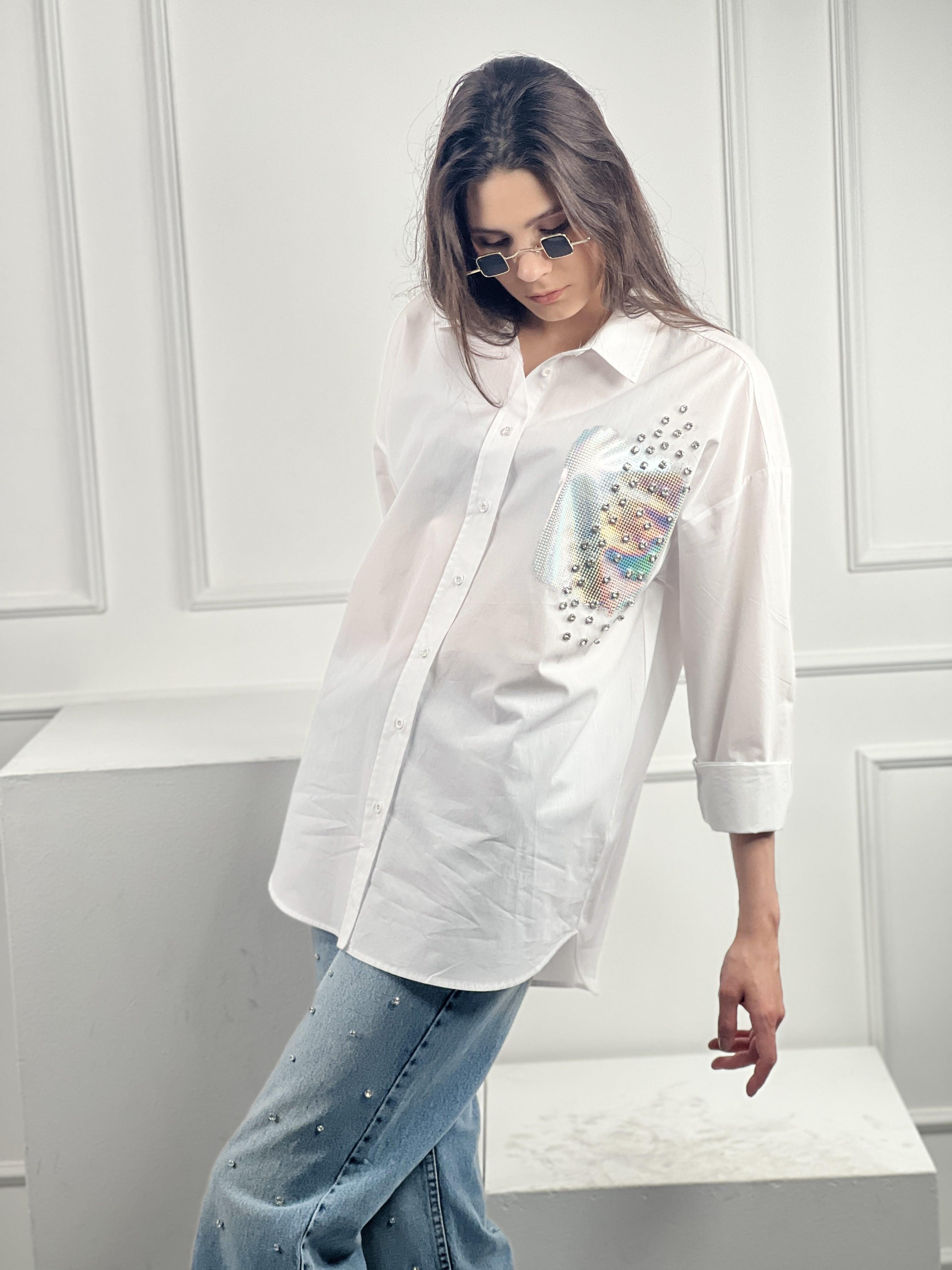 Beyaz Dökümlü Uzun Kollu Varak Baskı Ve Taş Çakım Detaylı Gömlek % 100 Cotton 27316-3-27316-3