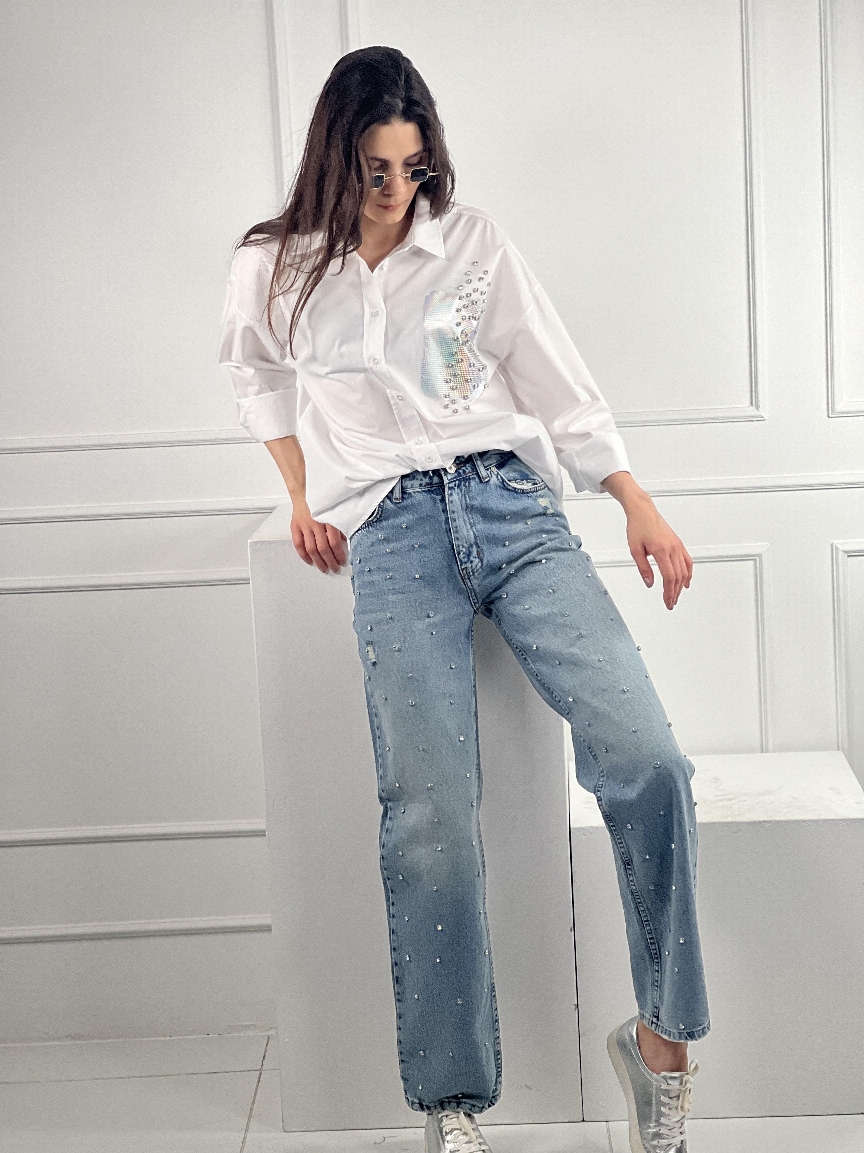 Beyaz Dökümlü Uzun Kollu Varak Baskı Ve Taş Çakım Detaylı Gömlek % 100 Cotton 27316-3-27316-3