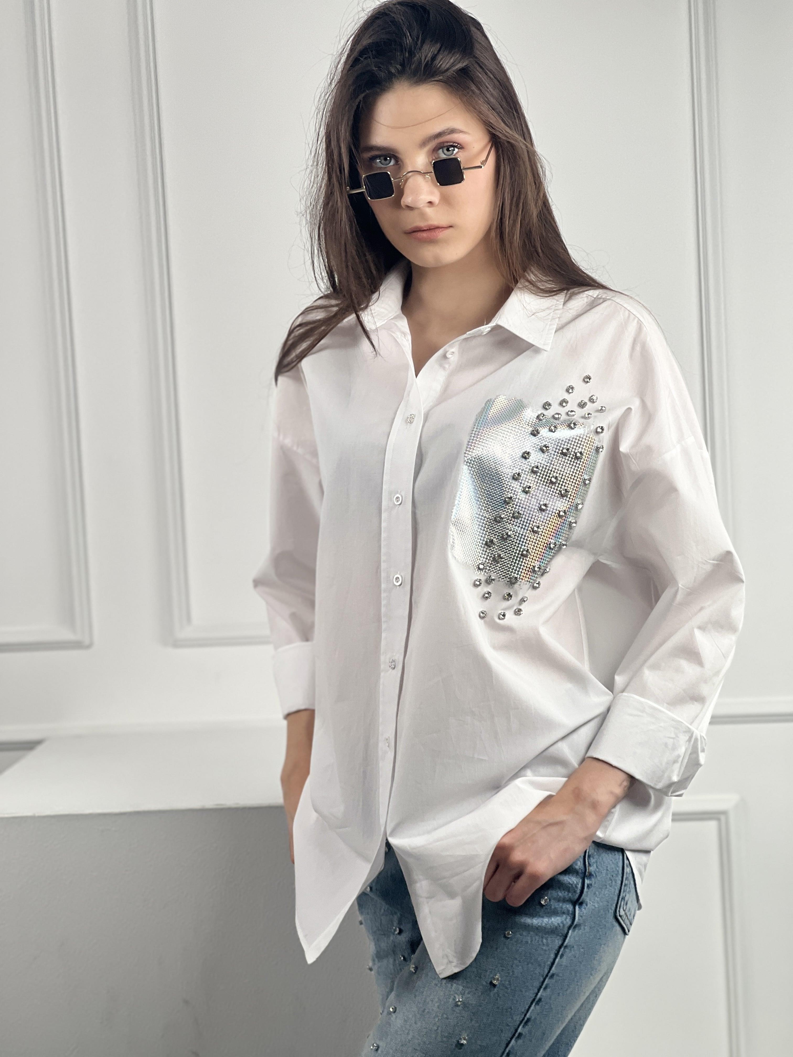 Beyaz Dökümlü Uzun Kollu Varak Baskı Ve Taş Çakım Detaylı Gömlek % 100 Cotton 27316-3-27316-3