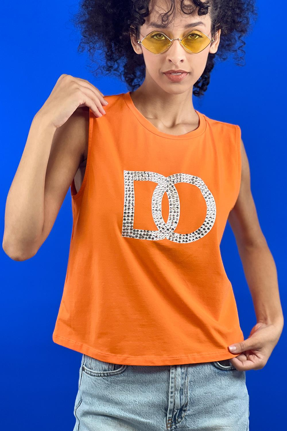 Beyaz Taş İşlemeli Baskılı Kolsuz Basic T shirt-15391-00