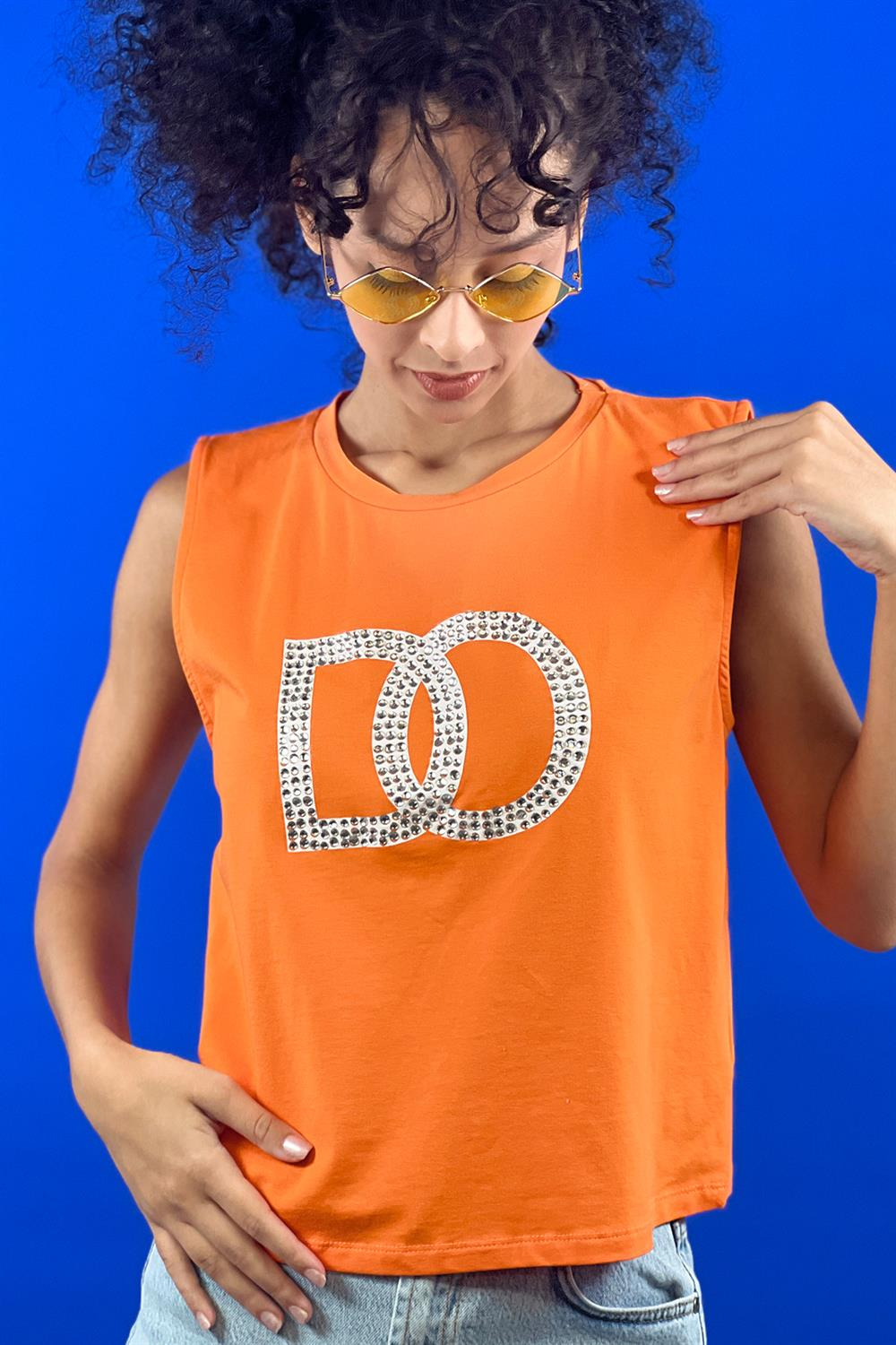 Beyaz Taş İşlemeli Baskılı Kolsuz Basic T shirt-15391-00