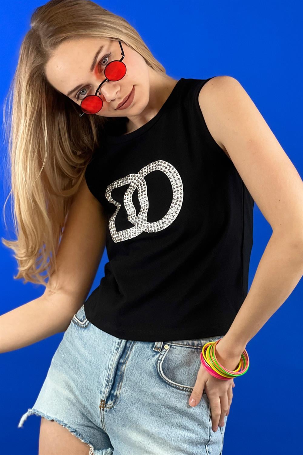 Beyaz Taş İşlemeli Baskılı Kolsuz Basic T shirt-15391-00