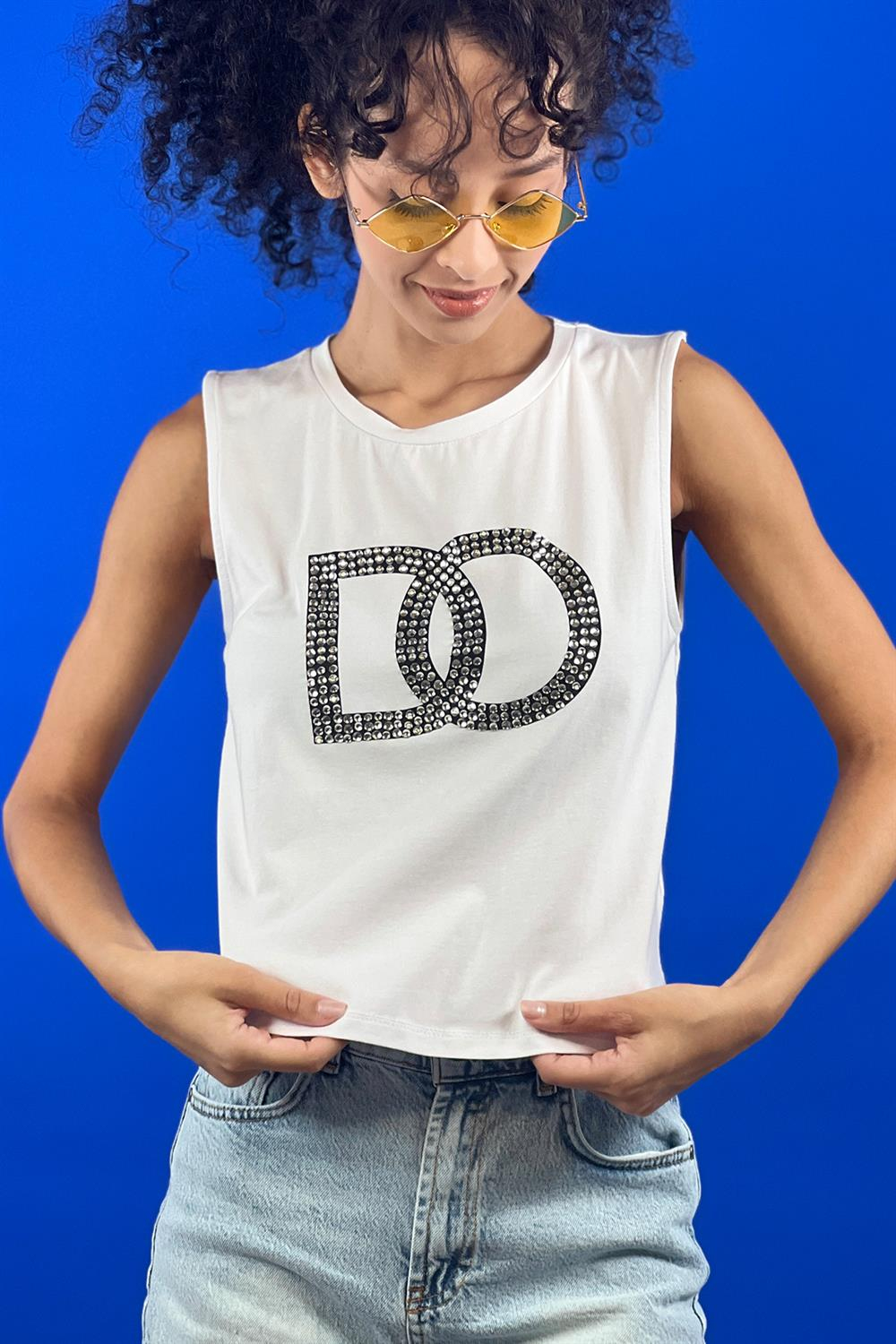 Beyaz Taş İşlemeli Baskılı Kolsuz Basic T shirt-15391-00