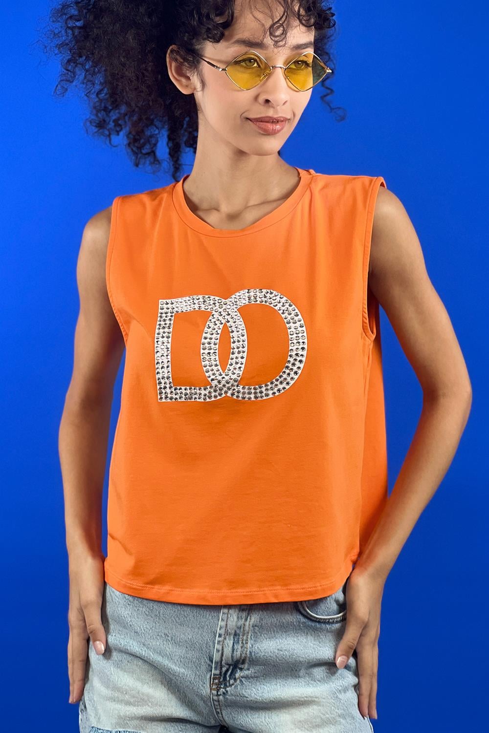 Beyaz Taş İşlemeli Baskılı Kolsuz Basic T shirt-15391-00