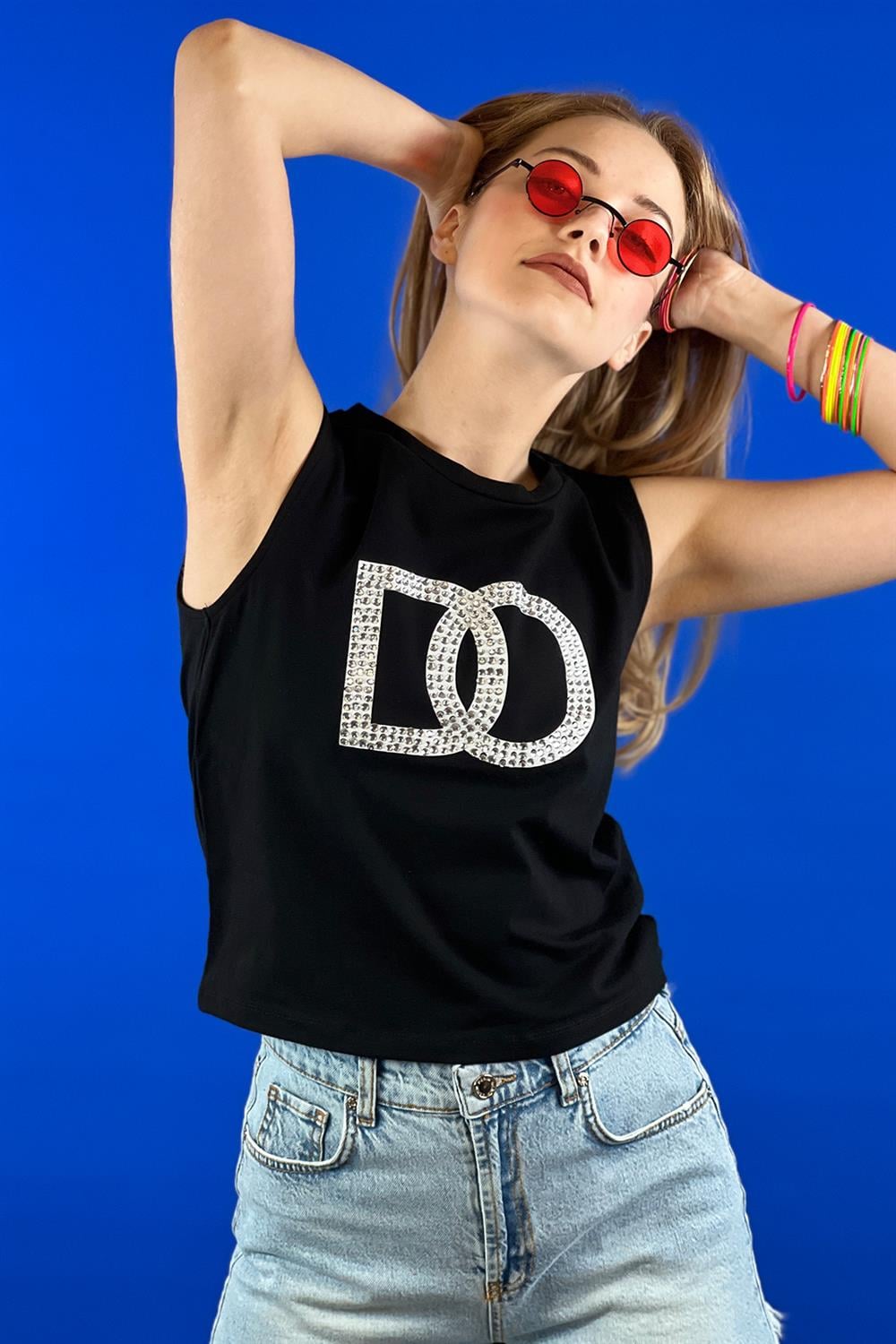Beyaz Taş İşlemeli Baskılı Kolsuz Basic T shirt-15391-00