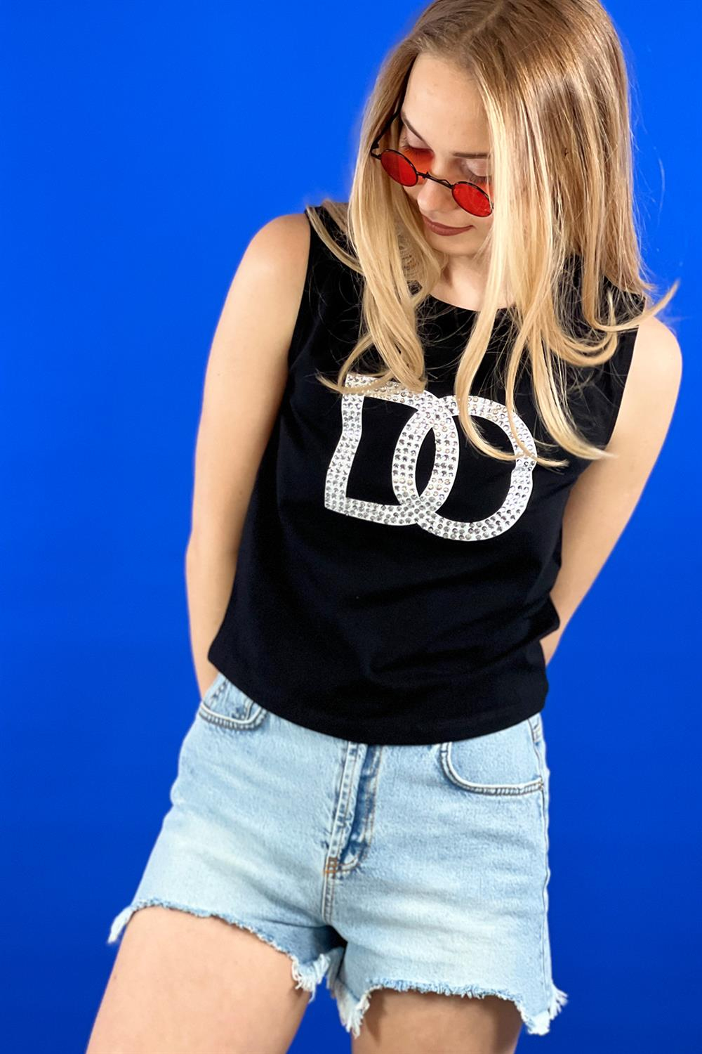 Beyaz Taş İşlemeli Baskılı Kolsuz Basic T shirt-15391-00
