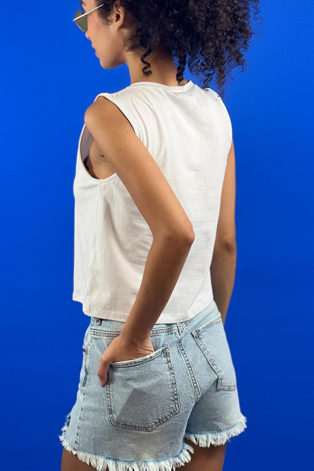 Beyaz Taş İşlemeli Baskılı Kolsuz Basic T shirt-15391-00