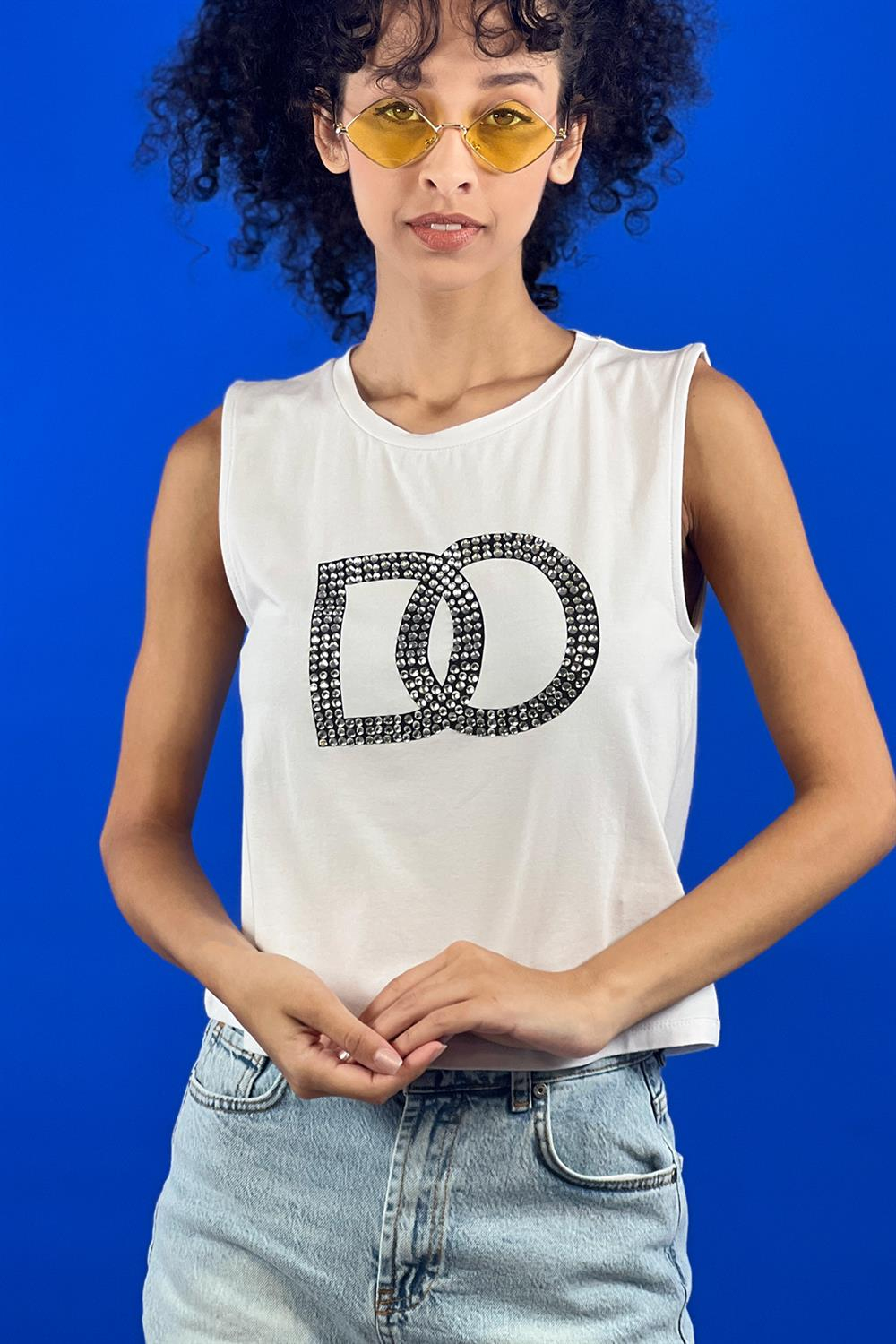 Beyaz Taş İşlemeli Baskılı Kolsuz Basic T shirt-15391-00