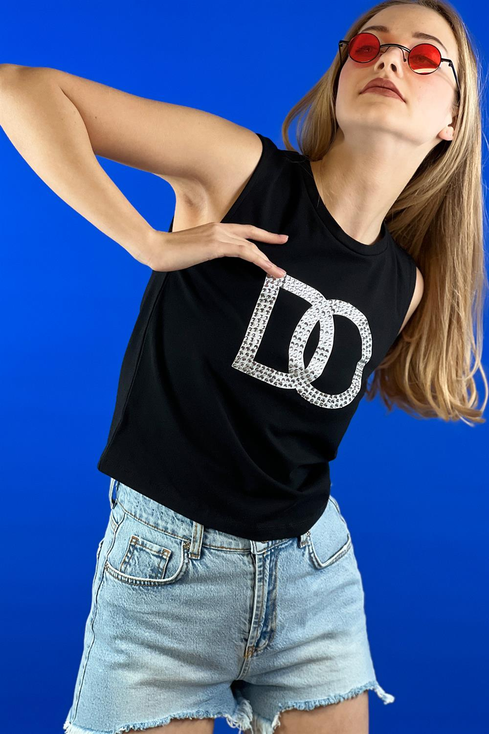 Beyaz Taş İşlemeli Baskılı Kolsuz Basic T shirt-15391-00