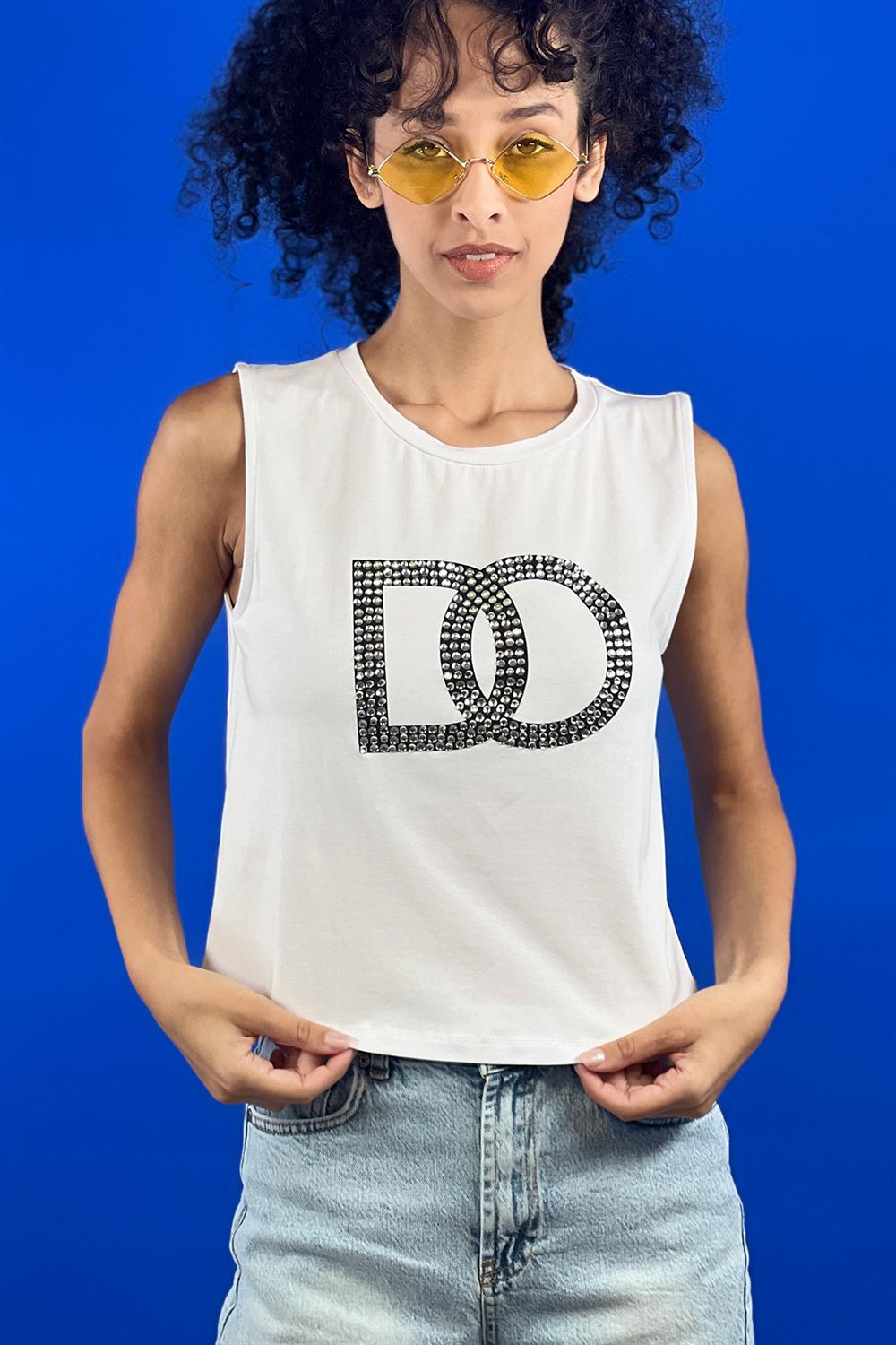 Beyaz Taş İşlemeli Baskılı Kolsuz Basic T shirt-15391-00