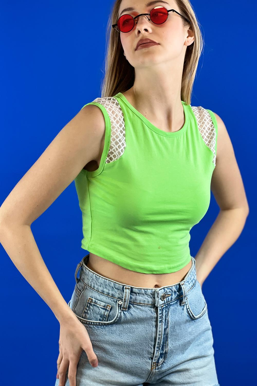 Bisiklet Yaka File Omuz Kolsuz Kısa T shirt. %95 Cotton %5 Lycra-15072-00