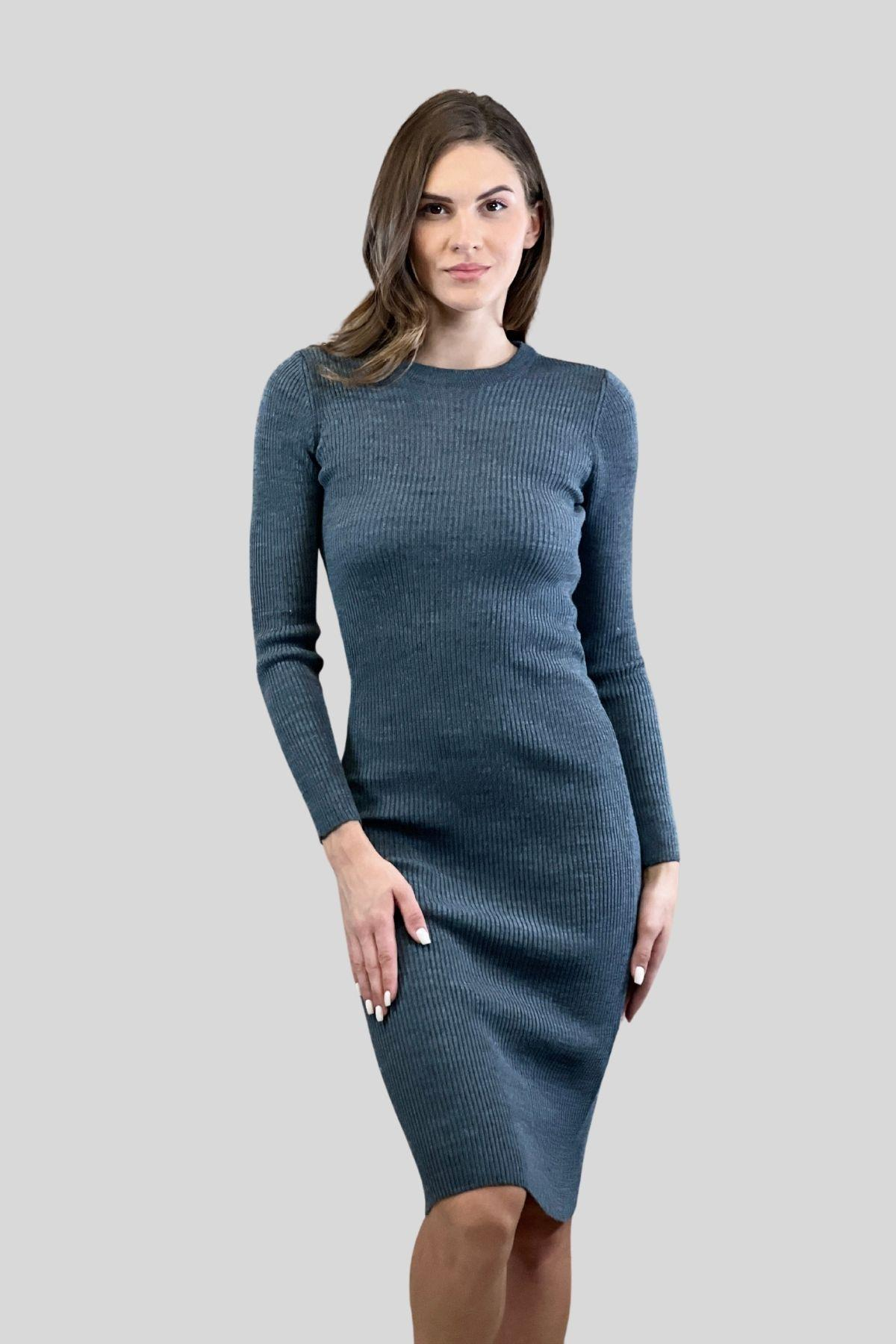 Bisiklet Yaka Fitilli Basic Kadın Triko Elbise-32994-0