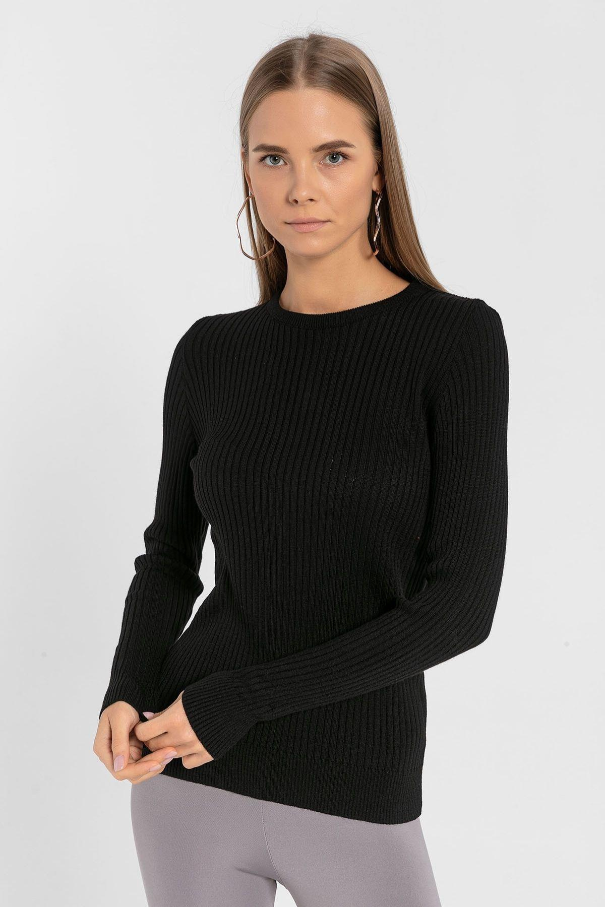 Bisiklet Yaka Fitilli Kadın Basic Triko Kazak-32810-0