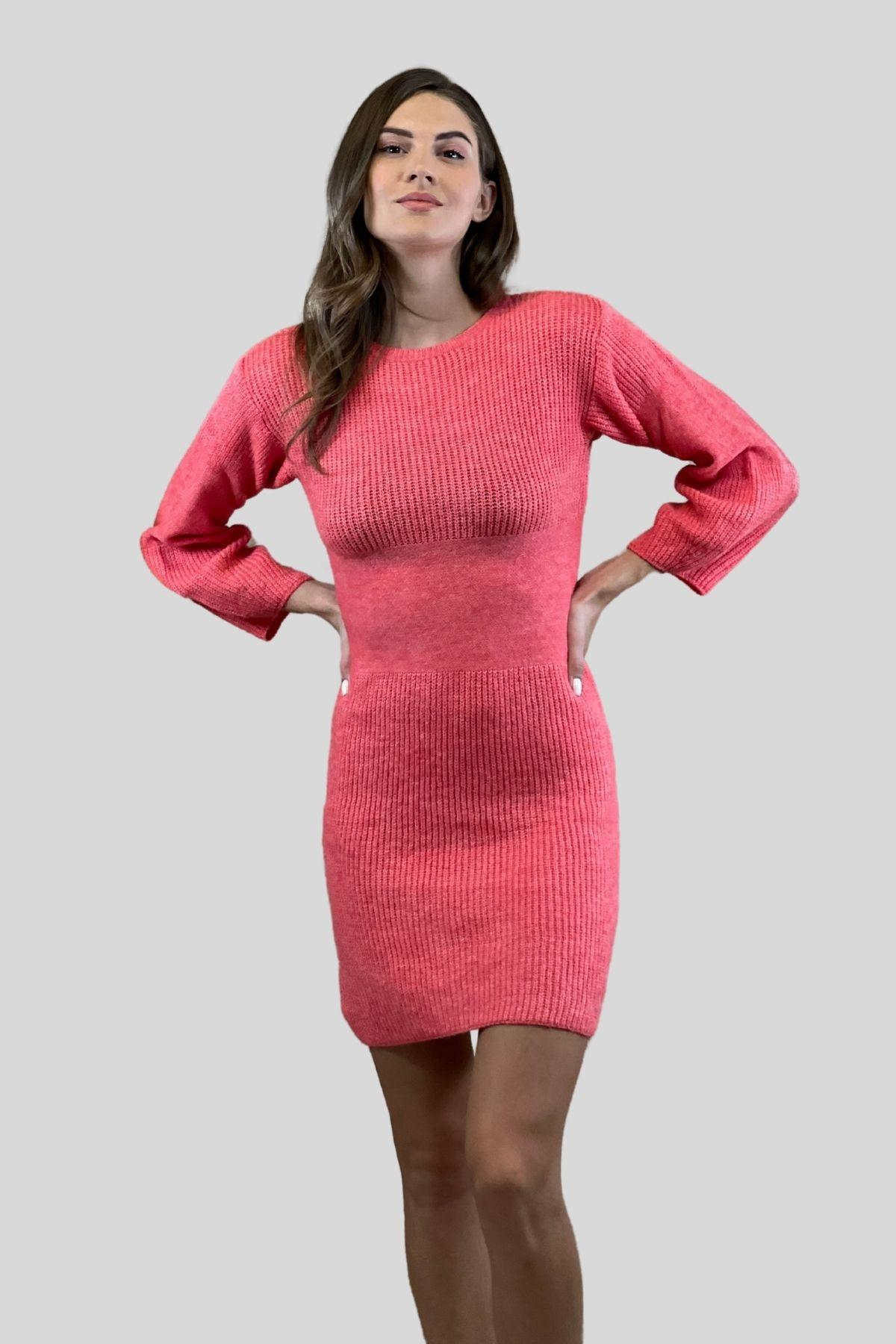 Bisiklet Yaka Selanik Örgü Kısa Basic Kadın Triko Elbise-33088-0