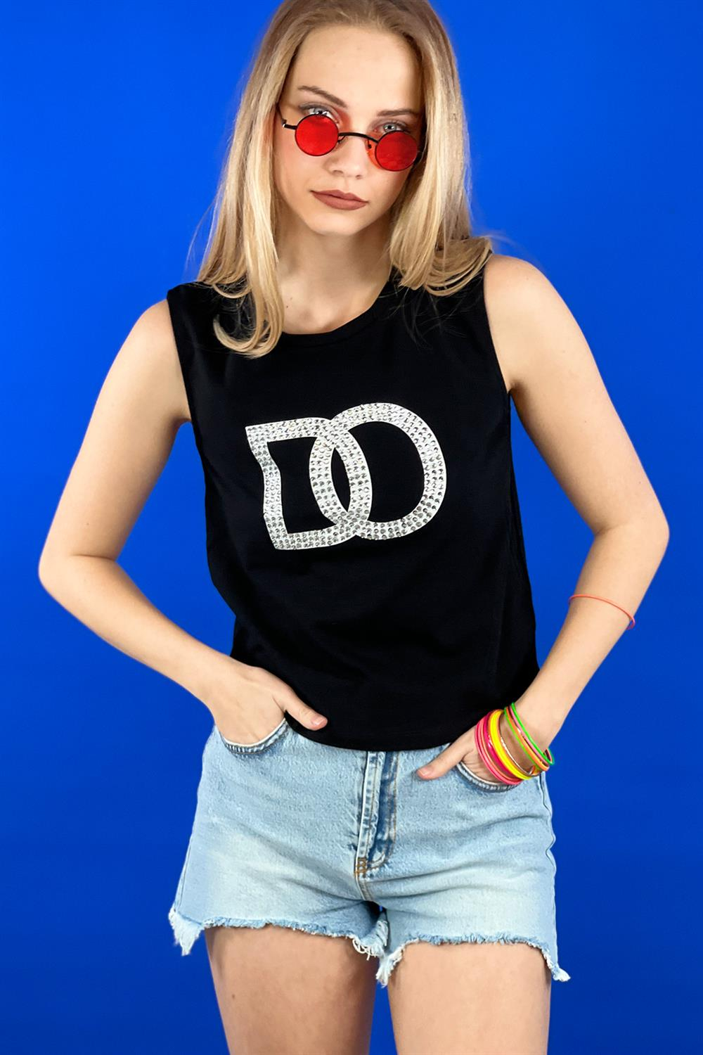 Bisiklet Yaka Taş İşlemeli Baskılı Kolsuz Basic T shirt-15391-00