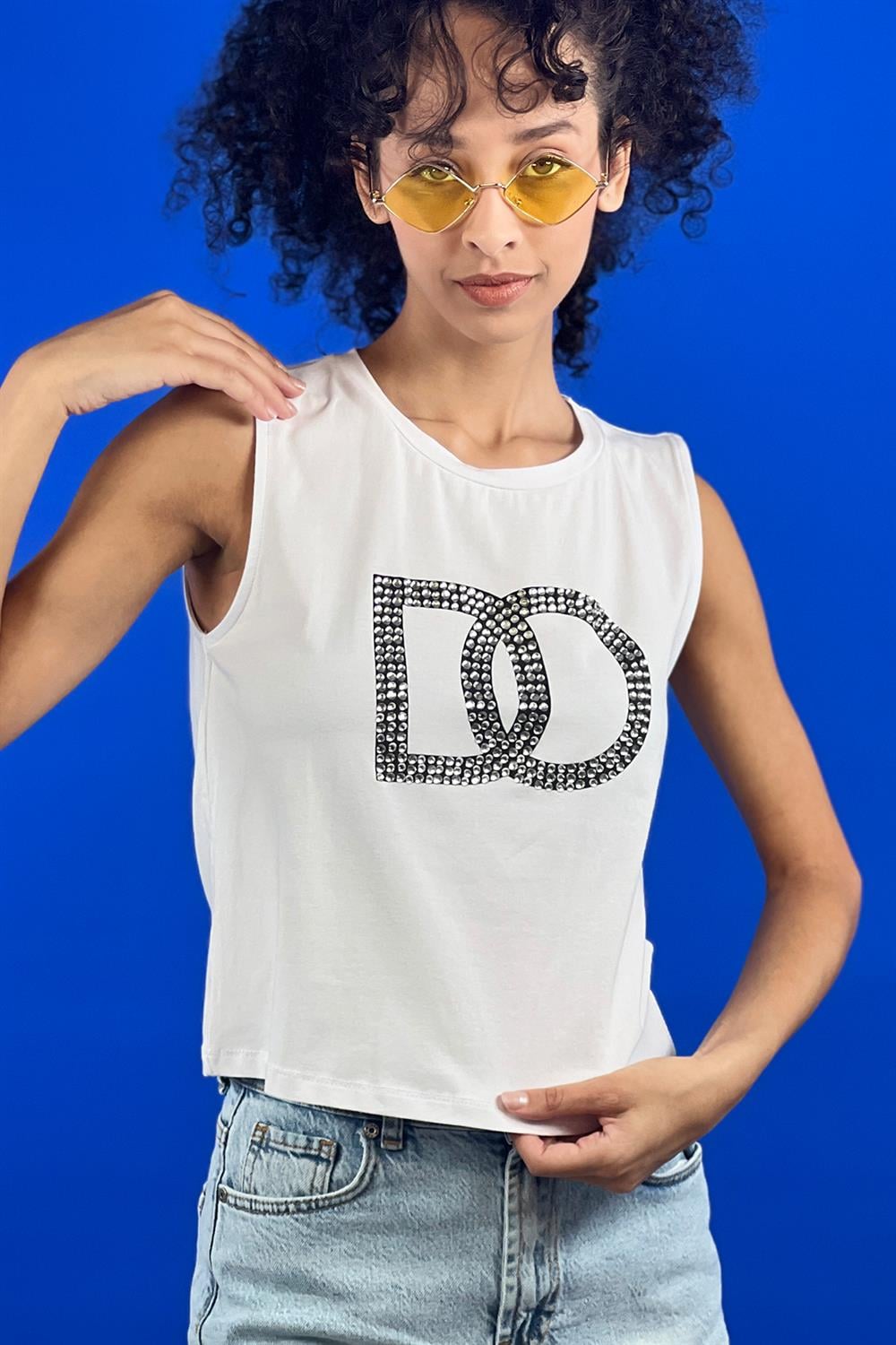 Bisiklet Yaka Taş İşlemeli Baskılı Kolsuz Basic T shirt-15391-00
