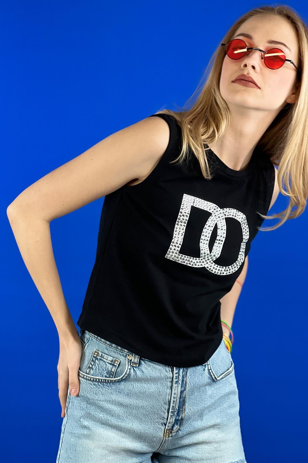 Bisiklet Yaka Taş İşlemeli Baskılı Kolsuz Basic T shirt-15391-00
