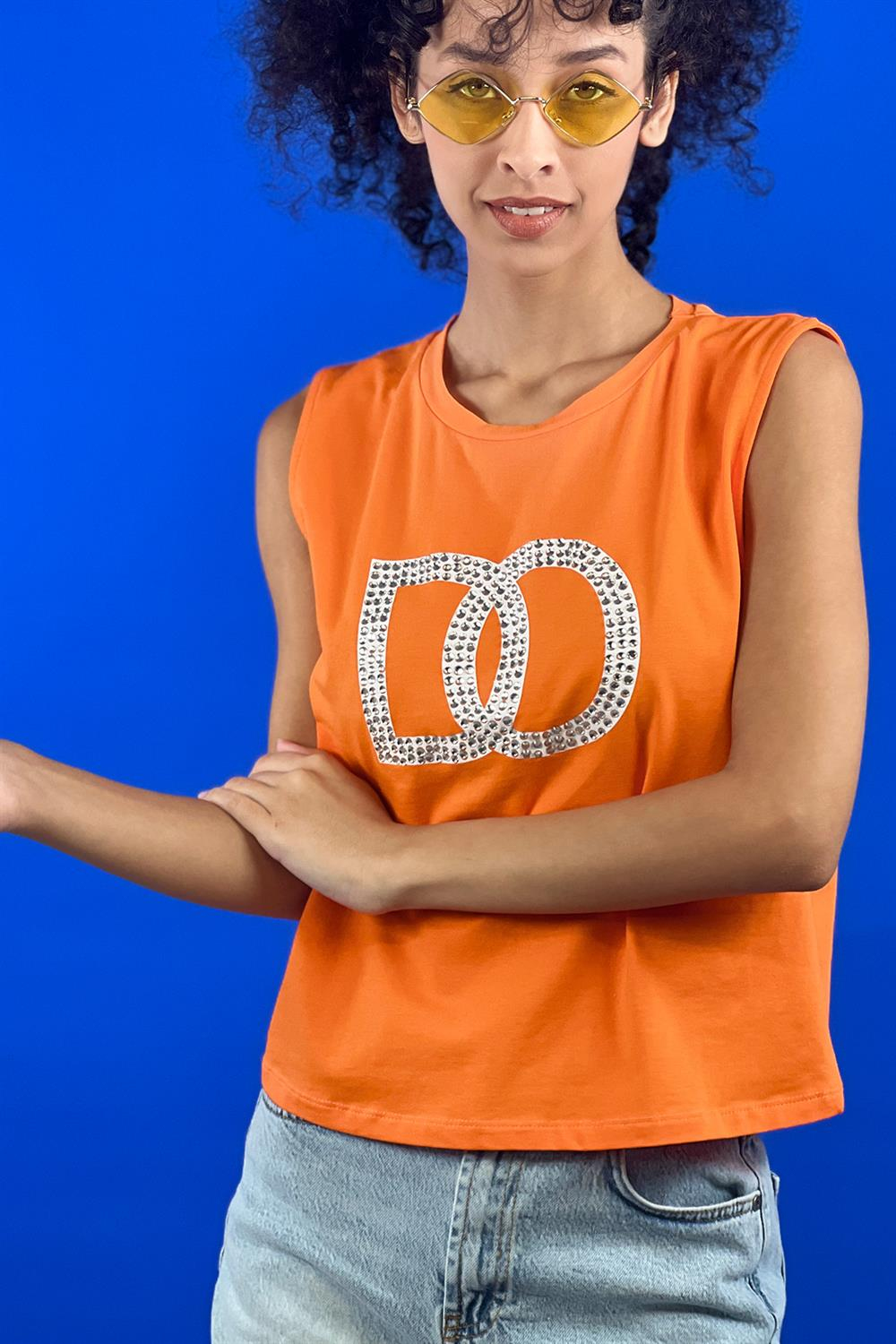 Bisiklet Yaka Taş İşlemeli Baskılı Kolsuz Basic T shirt-15391-00