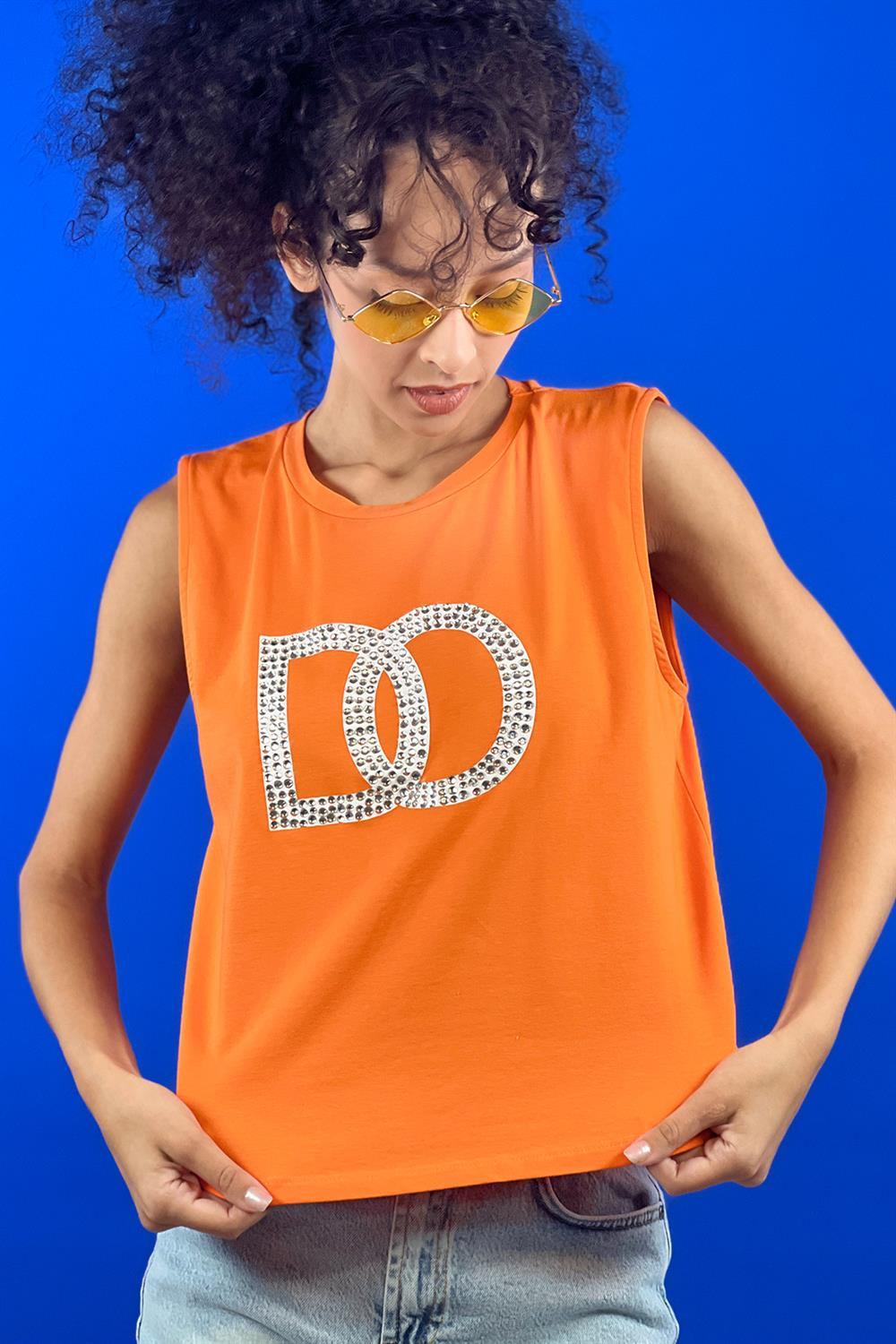 Bisiklet Yaka Taş İşlemeli Baskılı Kolsuz Basic T shirt-15391-00