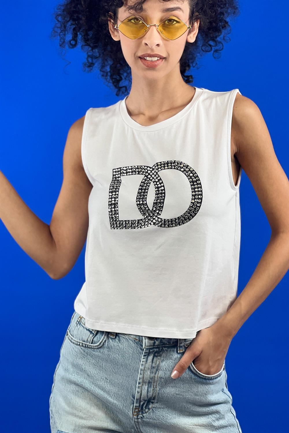 Bisiklet Yaka Taş İşlemeli Baskılı Kolsuz Basic T shirt-15391-00