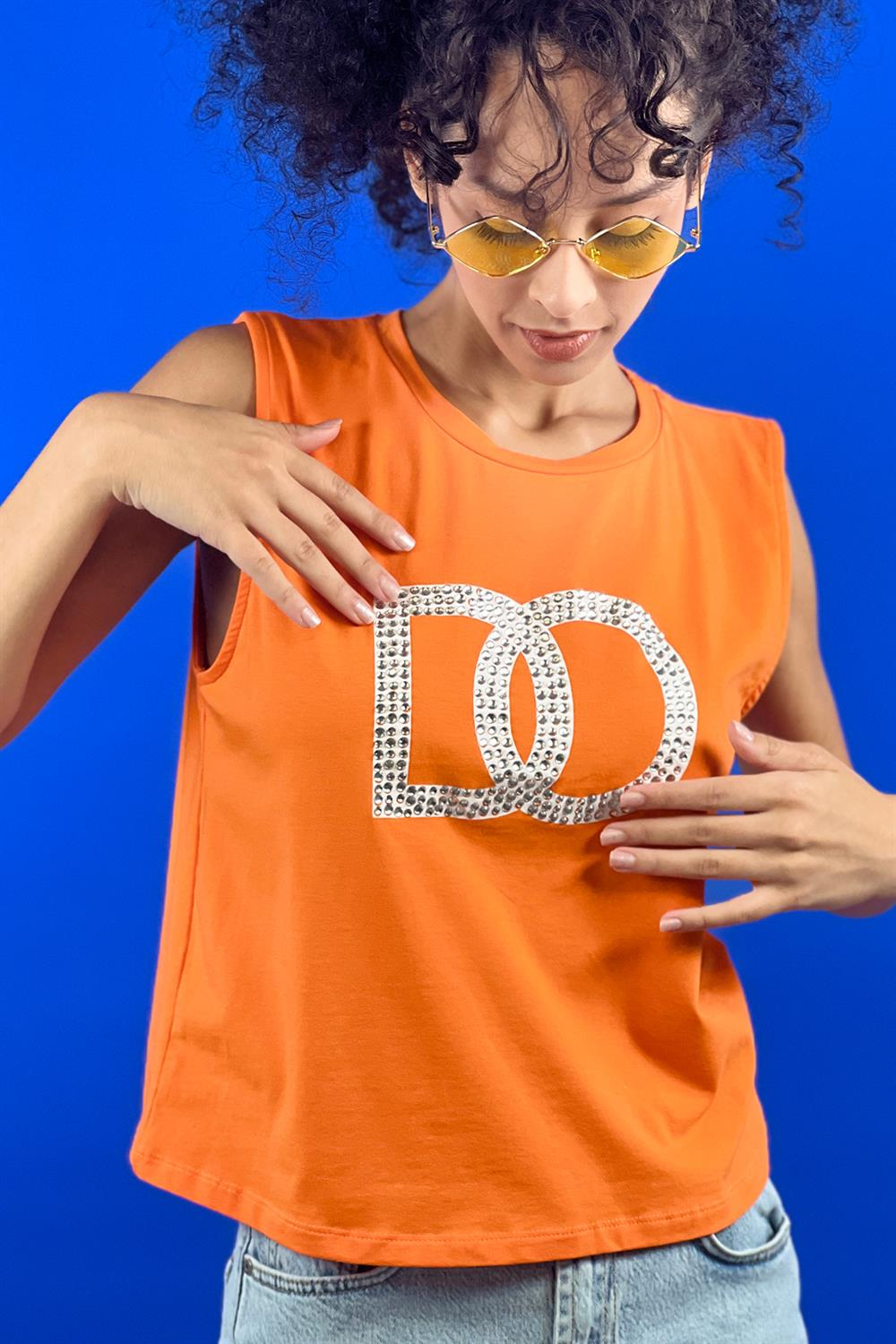 Bisiklet Yaka Taş İşlemeli Baskılı Kolsuz Basic T shirt-15391-00