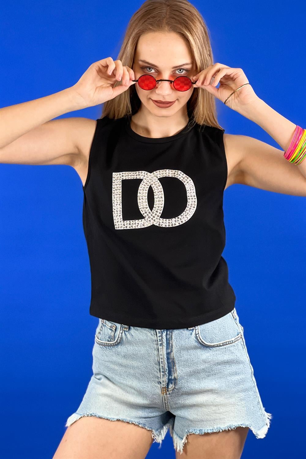 Bisiklet Yaka Taş İşlemeli Baskılı Kolsuz Basic T shirt-15391-00