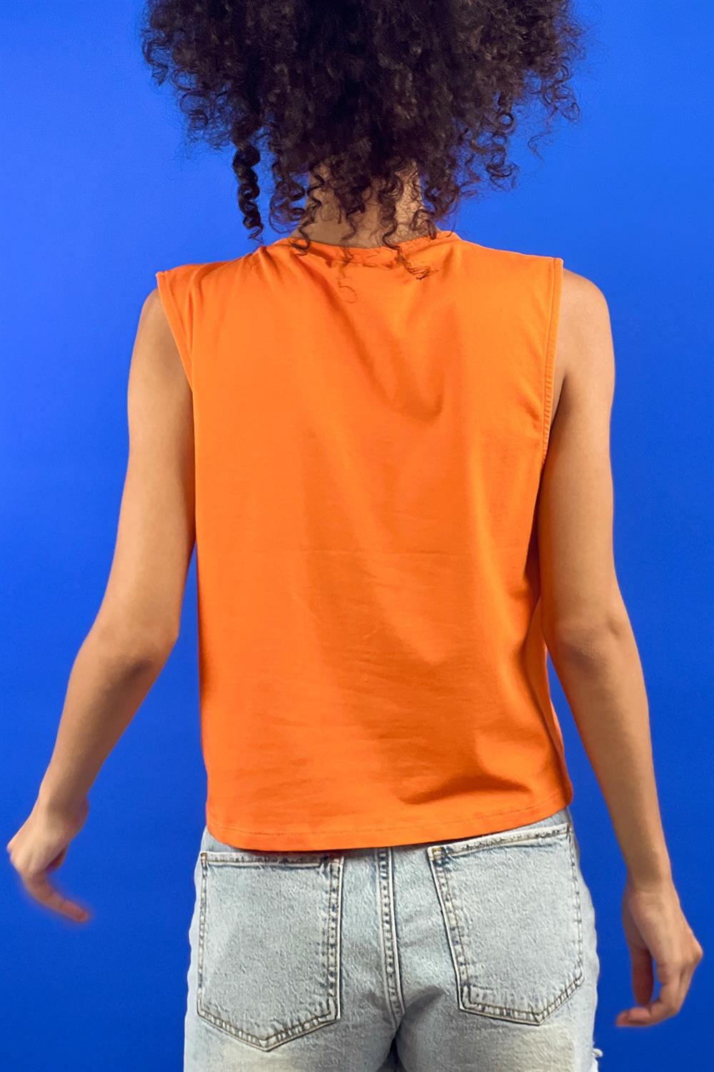 Bisiklet Yaka Taş İşlemeli Baskılı Kolsuz Basic T shirt-15391-00