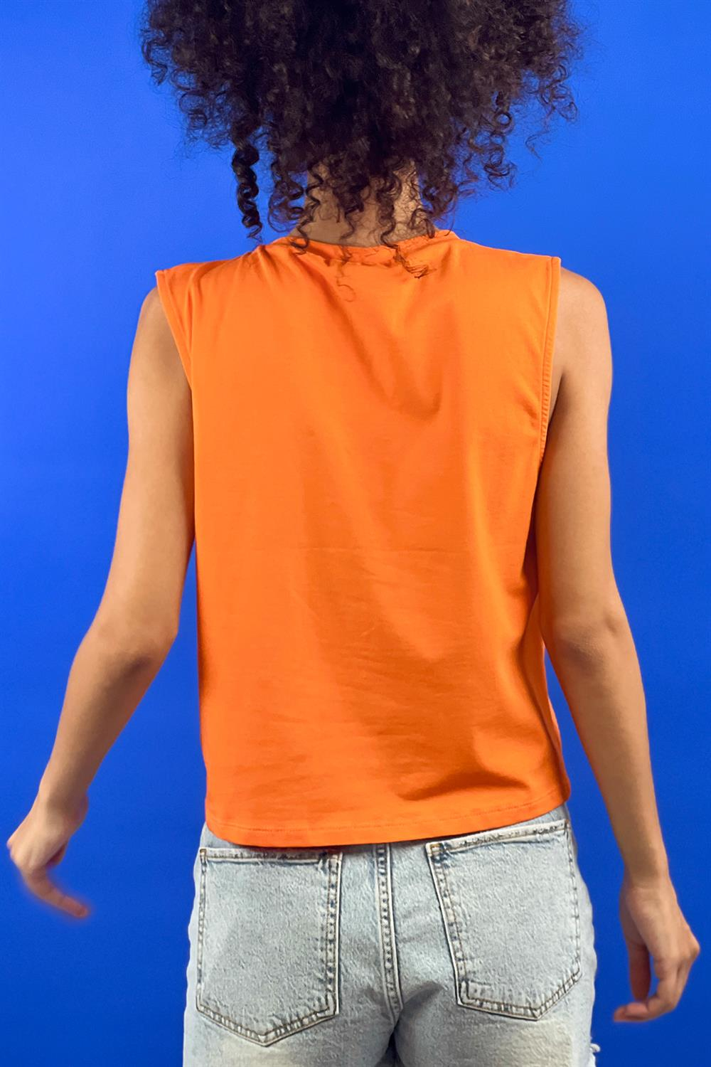 Bisiklet Yaka Taş İşlemeli Baskılı Kolsuz Basic T shirt-15391-00