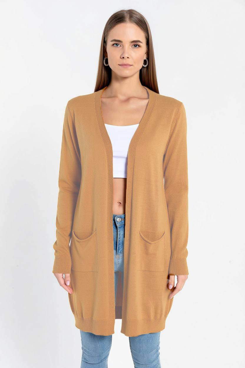 Camel Cepli Kadın Basic Uzun Triko Hırka-32816