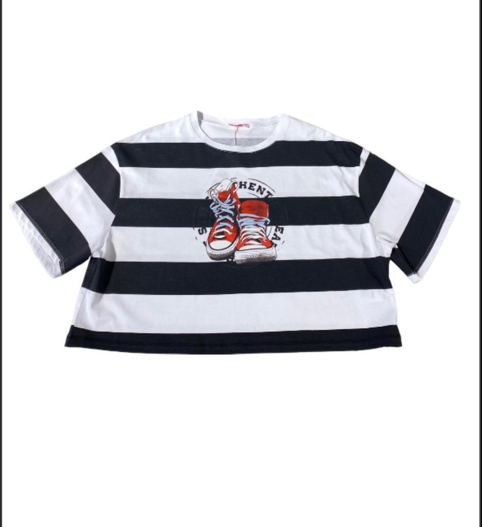 Çizgili Bisiklet Yaka Düşük Kol Dökümlü Bol Kesim Basic Kısa Crop T shirt 100% Cotton-15525-001