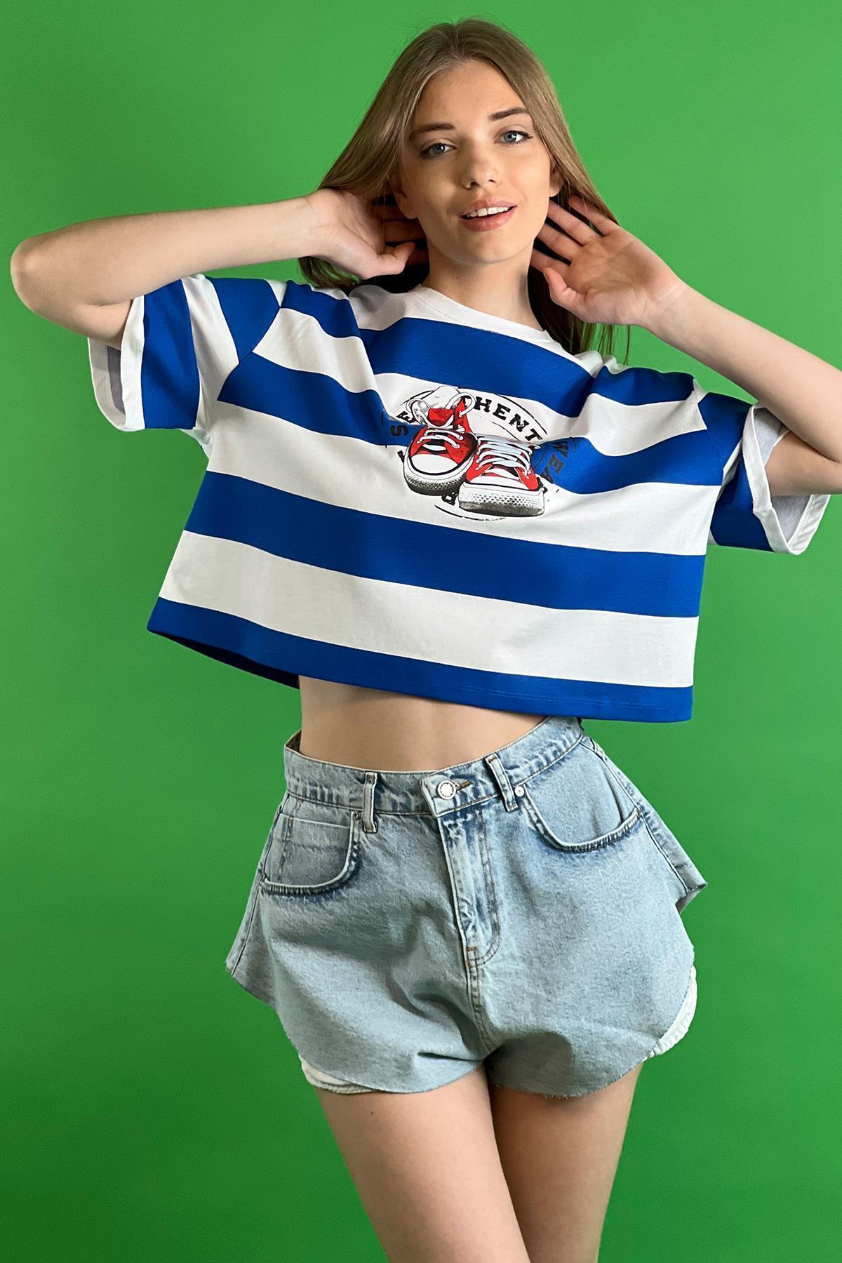 Çizgili Bisiklet Yaka Düşük Kol Dökümlü Bol Kesim Basic Kısa Crop T shirt 100% Cotton-15525-001