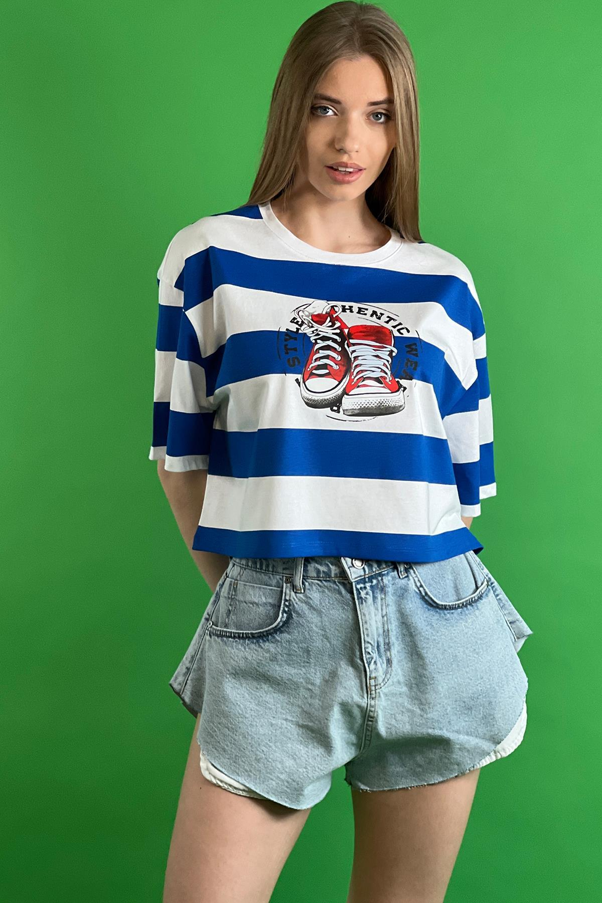 Çizgili Bisiklet Yaka Düşük Kol Dökümlü Bol Kesim Basic Kısa Crop T shirt 100% Cotton-15525-001