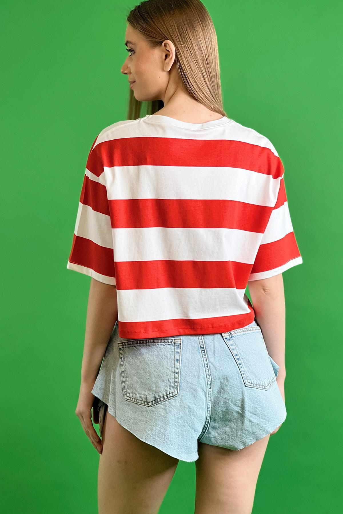 Çizgili Bisiklet Yaka Düşük Kol Dökümlü Bol Kesim Basic Kısa Crop T shirt 100% Cotton-15525-001