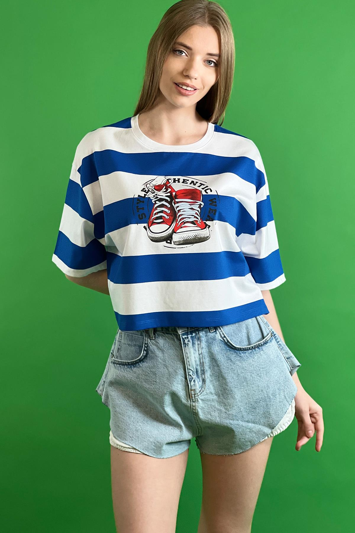 Çizgili Bisiklet Yaka Düşük Kol Dökümlü Bol Kesim Basic Kısa Crop T shirt 100% Cotton-15525-001