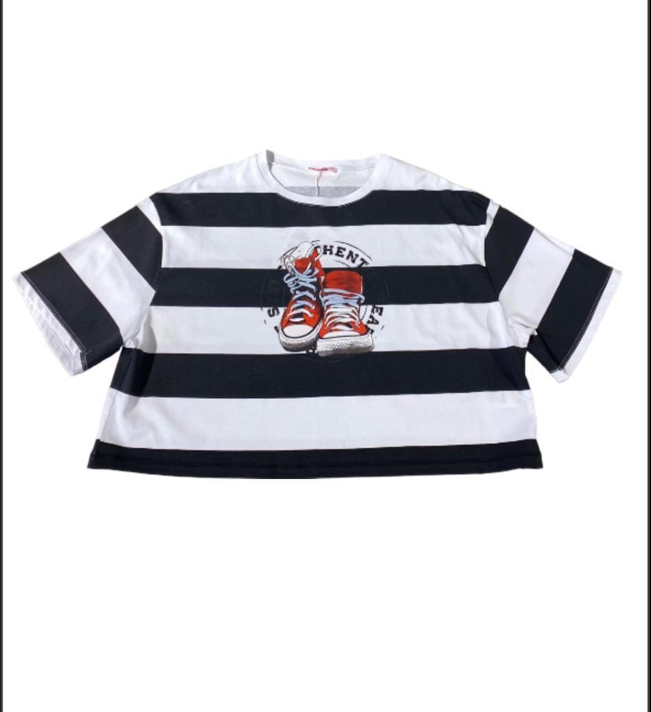 Çizgili Bisiklet Yaka Düşük Kol Dökümlü Bol Kesim Basic Kısa Crop T shirt 100% Cotton-15525-001