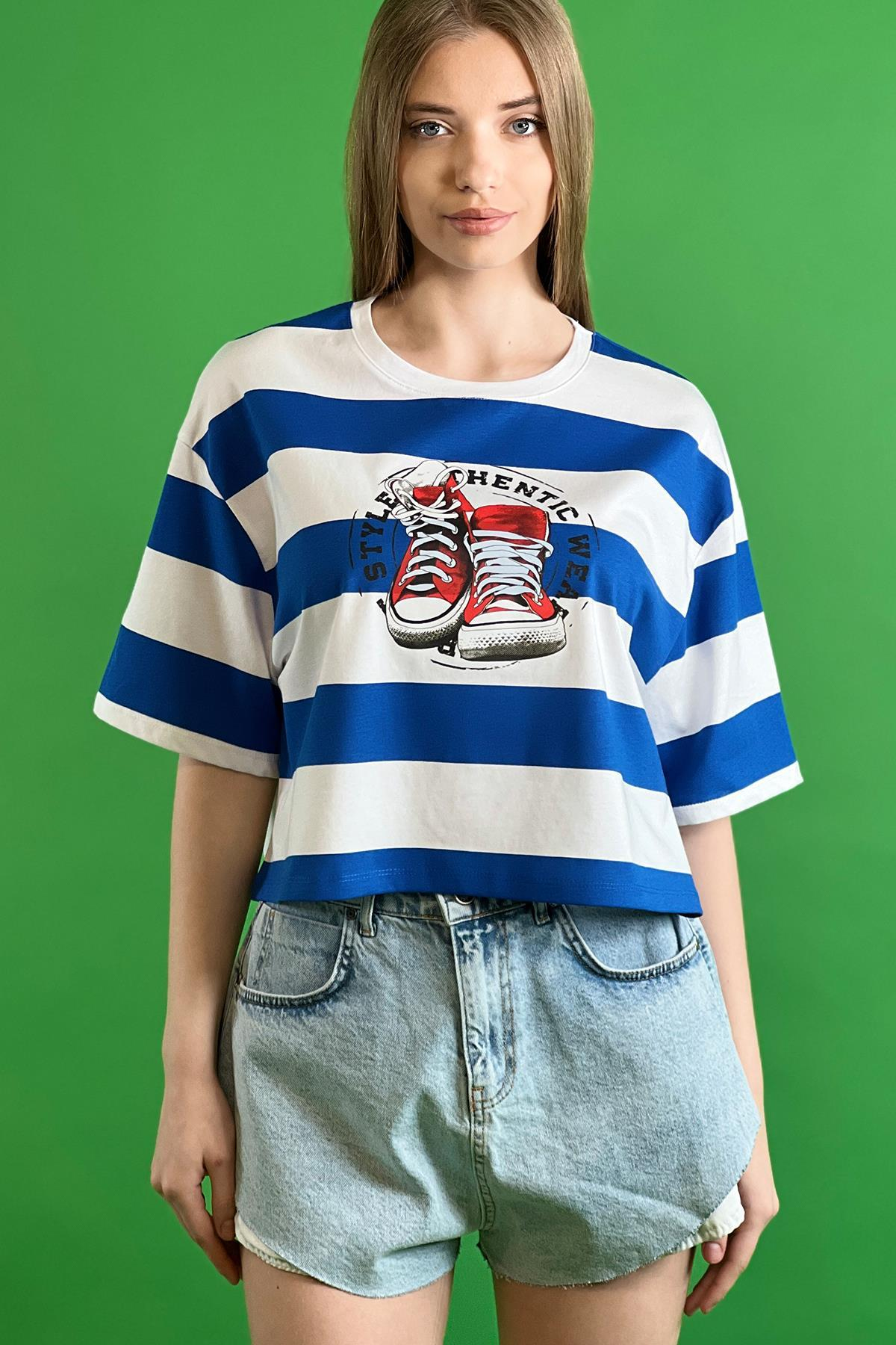 Çizgili Bisiklet Yaka Düşük Kol Dökümlü Bol Kesim Basic Kısa Crop T shirt 100% Cotton-15525-001