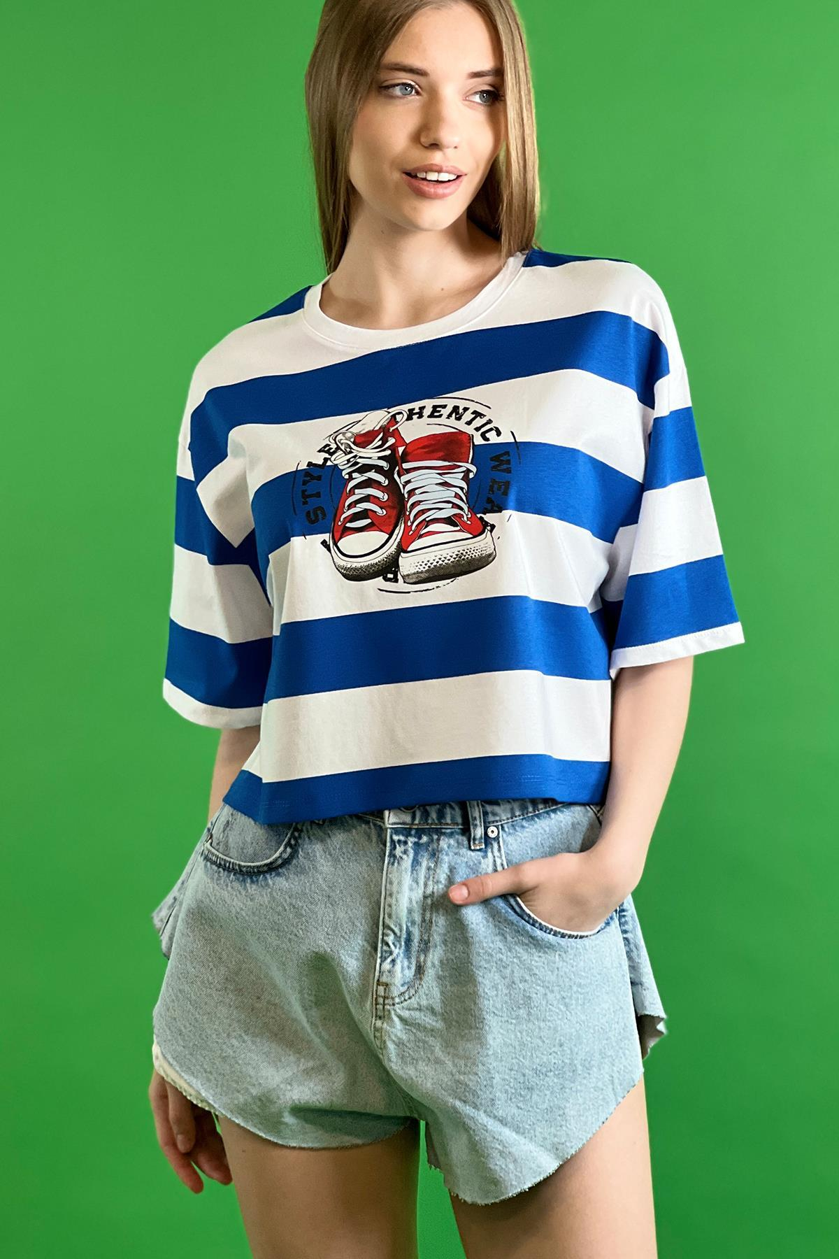 Çizgili Bisiklet Yaka Düşük Kol Dökümlü Bol Kesim Basic Kısa Crop T shirt 100% Cotton-15525-001