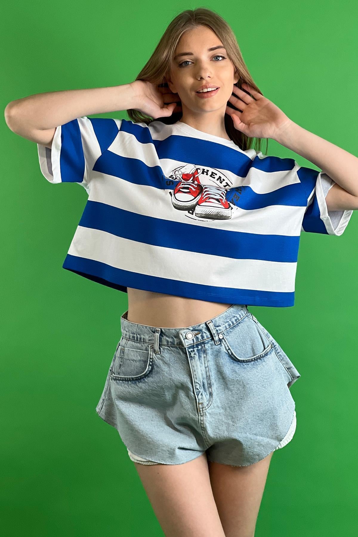 Çizgili Bisiklet Yaka Düşük Kol Dökümlü Bol Kesim Basic Kısa Crop T shirt 100% Cotton-15525-001