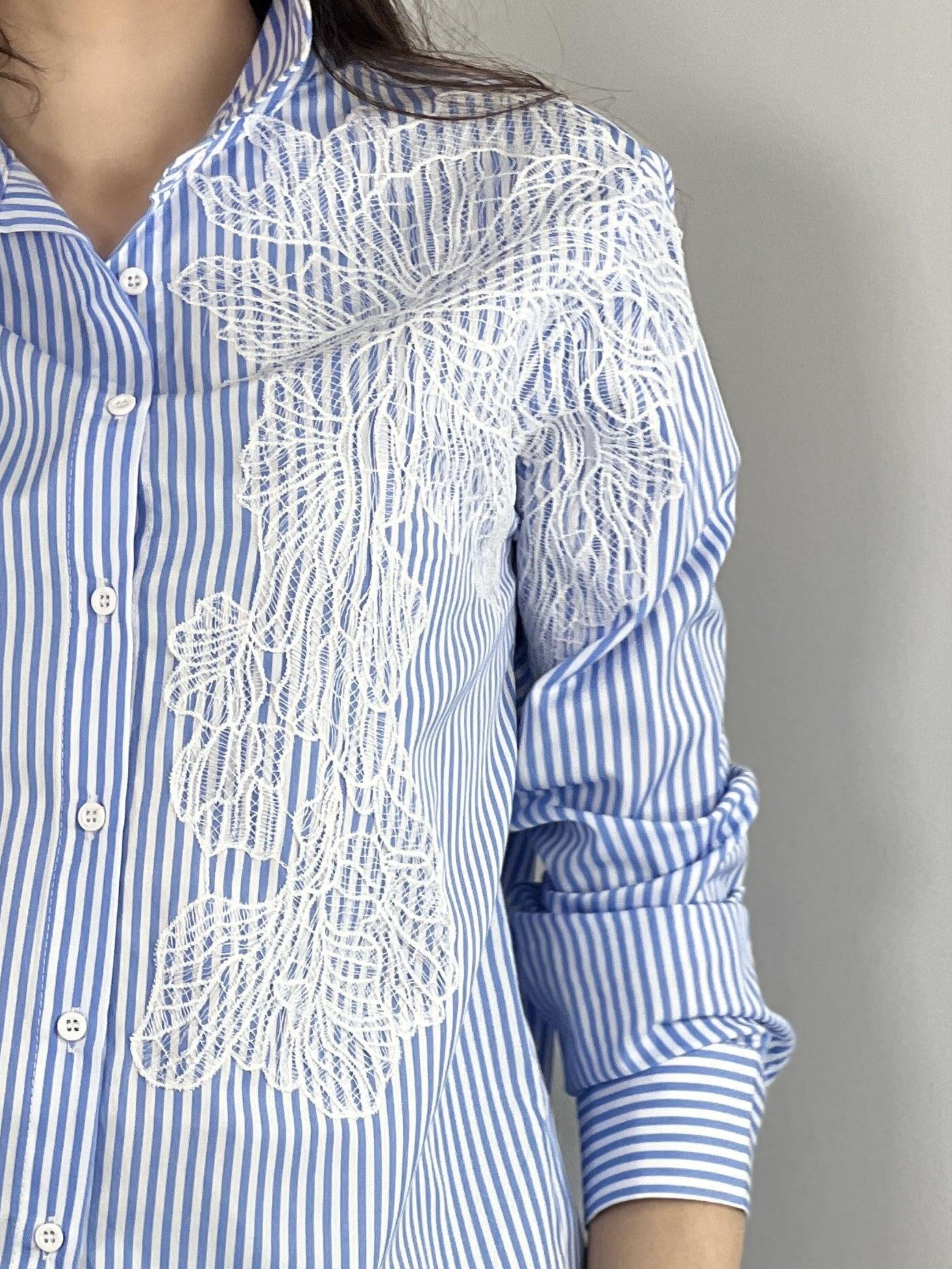 Çizgili Uzun Kollu Dantel Dikim Detaylı Kadın Gömlek % 100 Cotton 27350-5-27350-5S