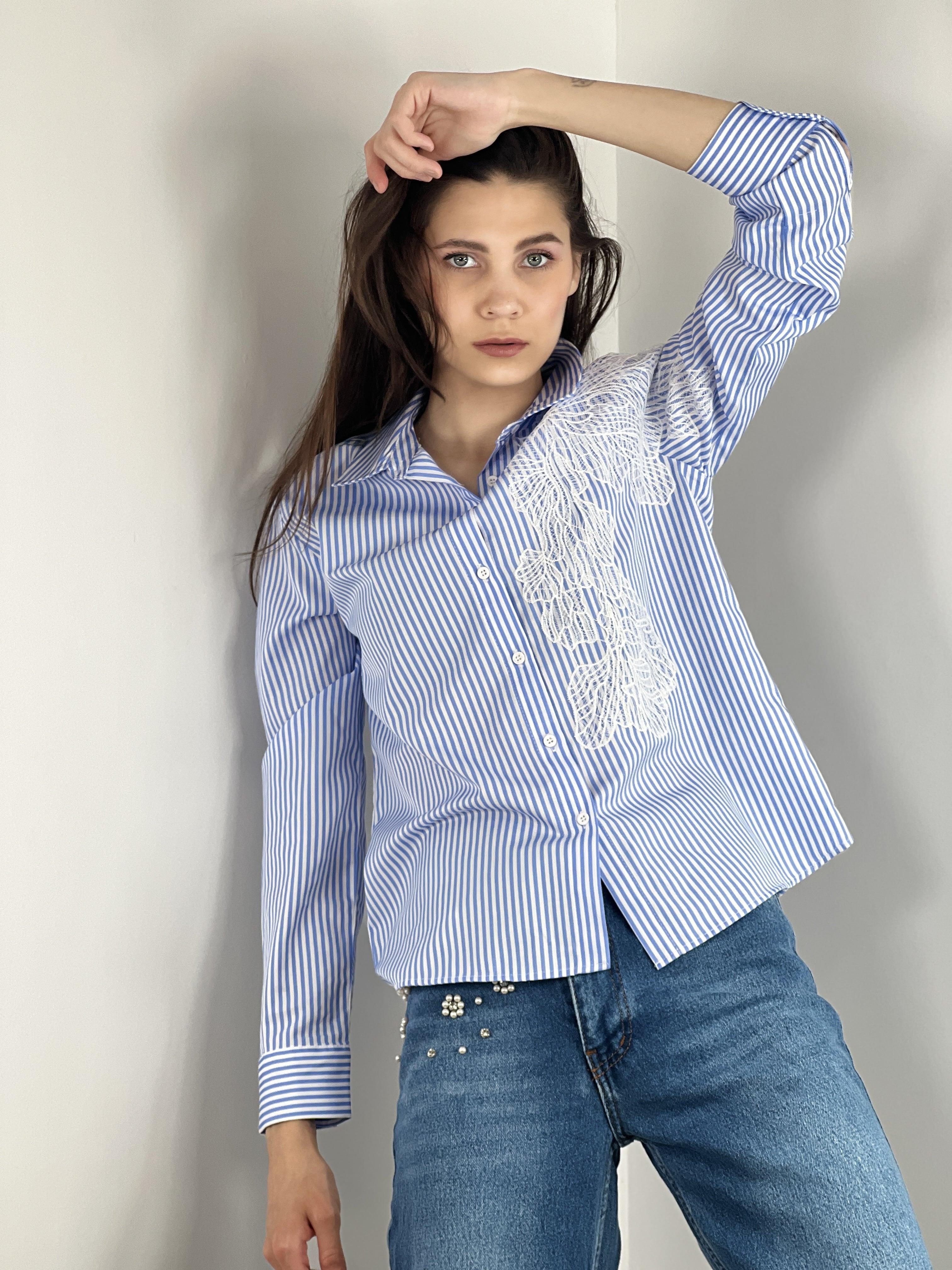 Çizgili Uzun Kollu Dantel Dikim Detaylı Gömlek % 100 Cotton 27350-5-27350-5S