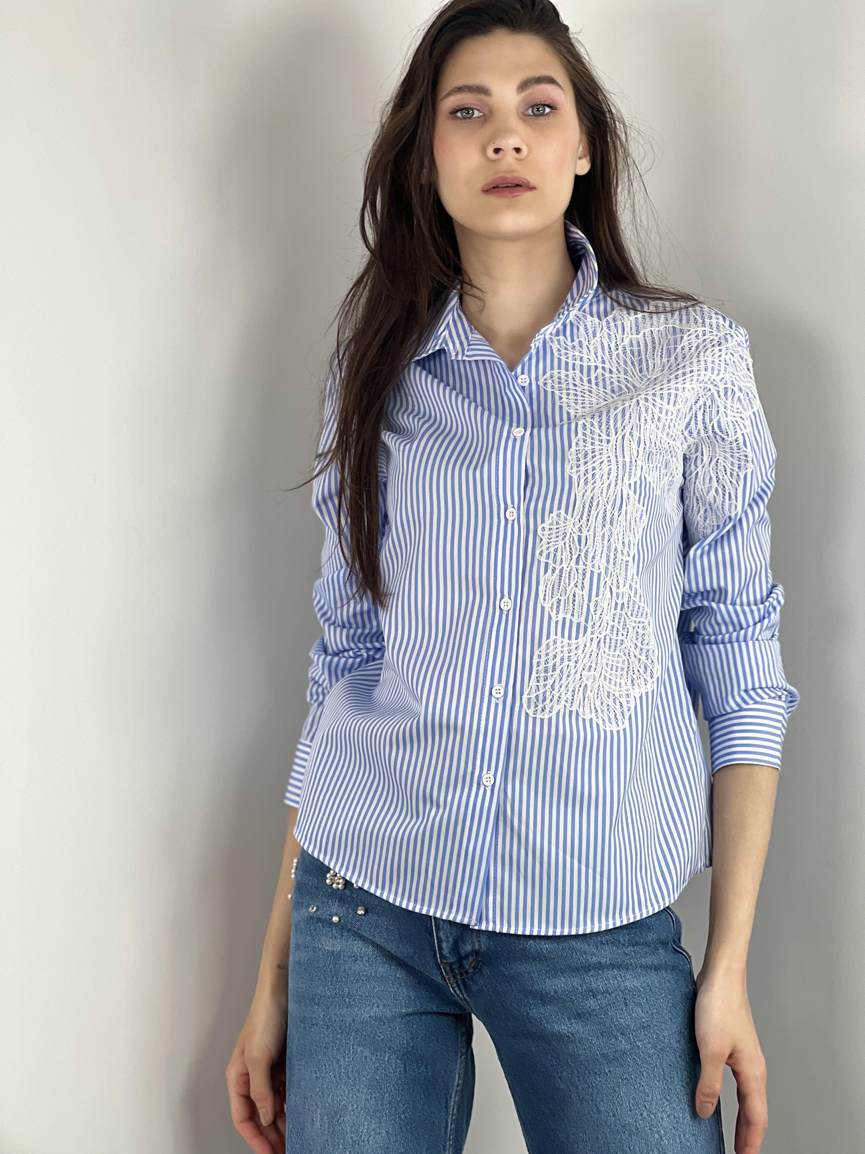 Çizgili Uzun Kollu Dantel Dikim Detaylı Gömlek % 100 Cotton 27350-5-27350-5S