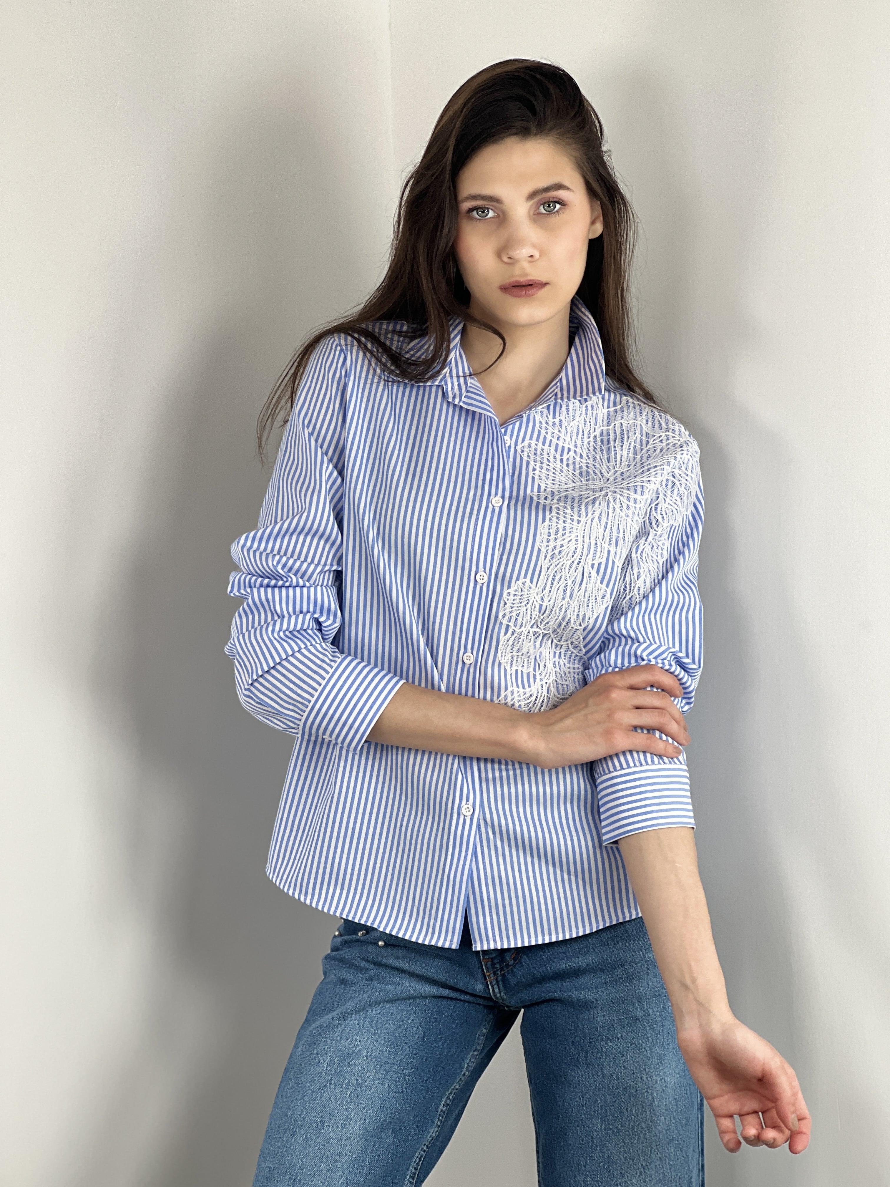 Çizgili Uzun Kollu Dantel Dikim Detaylı Gömlek % 100 Cotton 27350-5-27350-5S