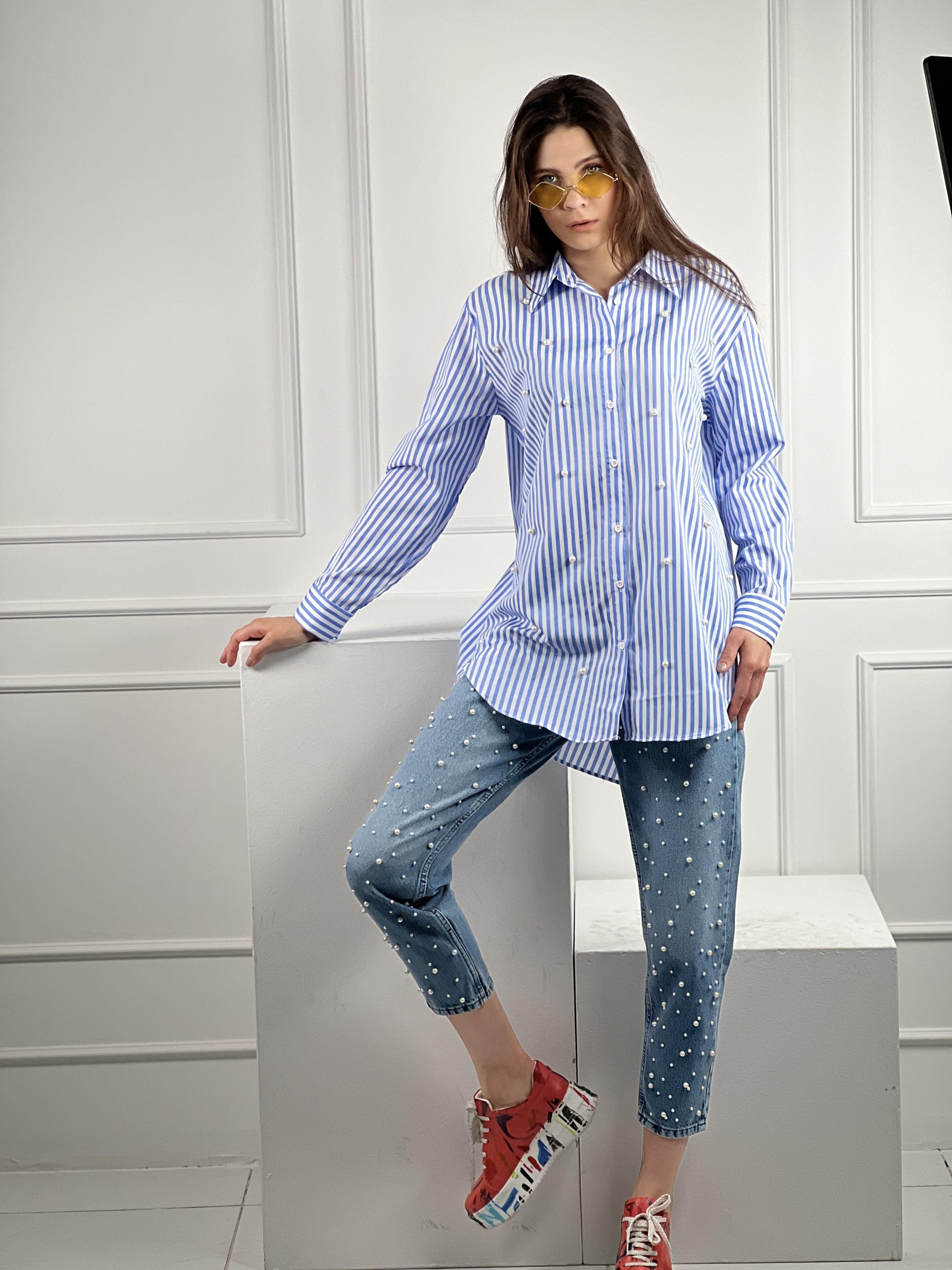 Çizgili Uzun Kollu Dökümlü İnci Çakım Detaylı Gömlek % 100 Cotton 27347-4-27347-4S