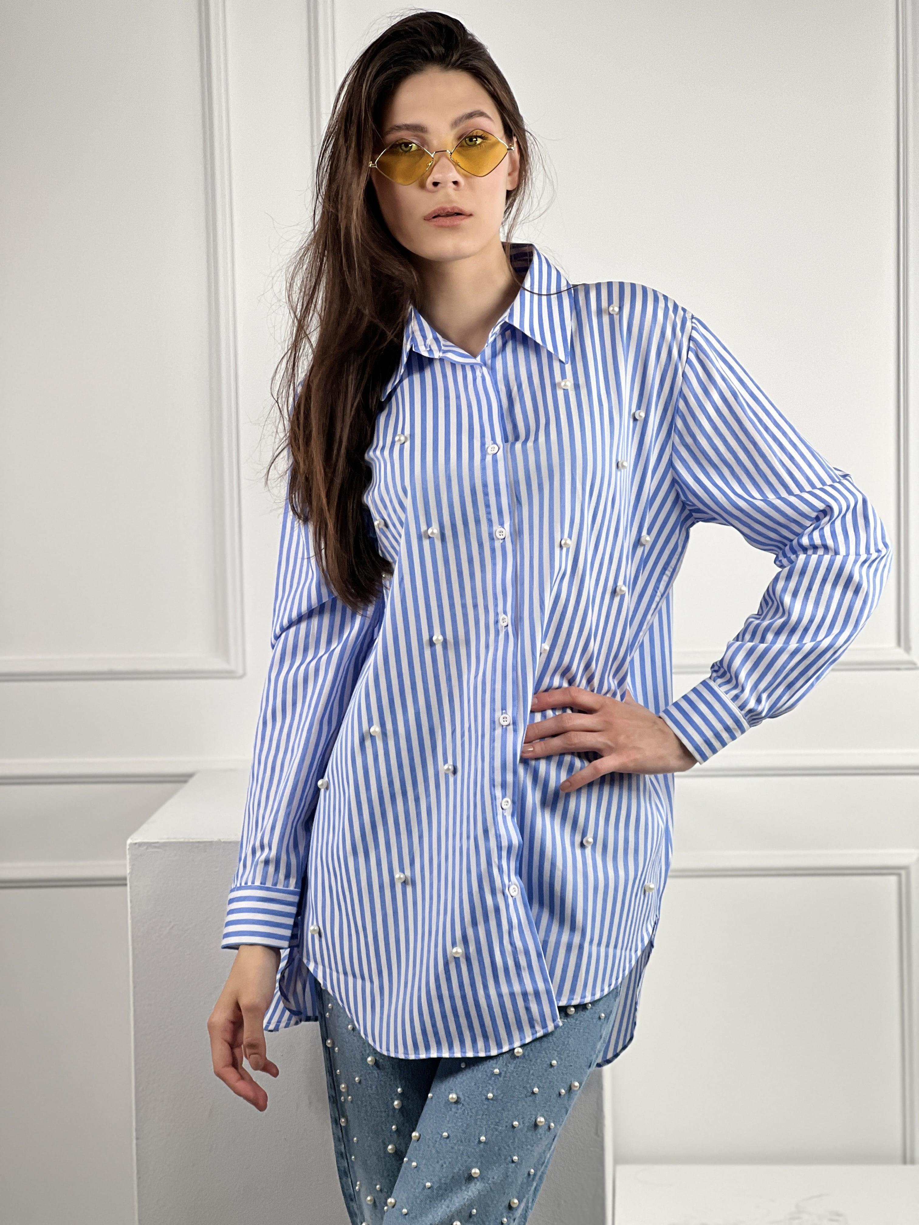 Çizgili Uzun Kollu Dökümlü İnci Çakım Detaylı Gömlek % 100 Cotton 27347-4-27347-4S
